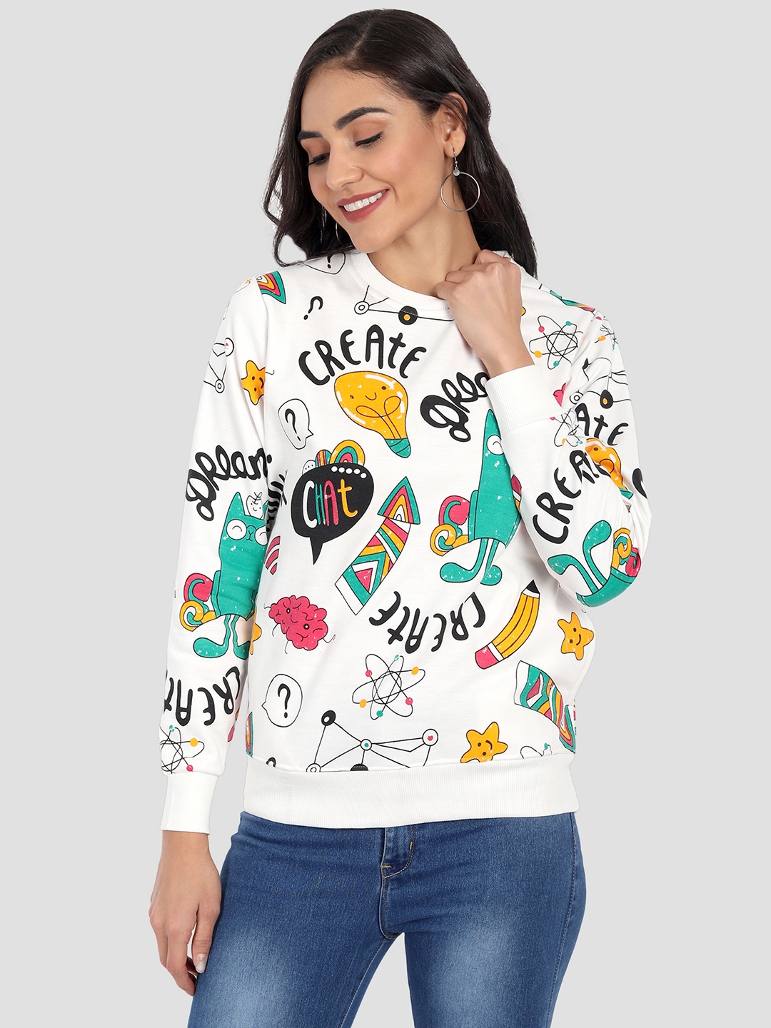 

CHOZI Women White Graphic Printed Rapid Dry Sweatshirt
