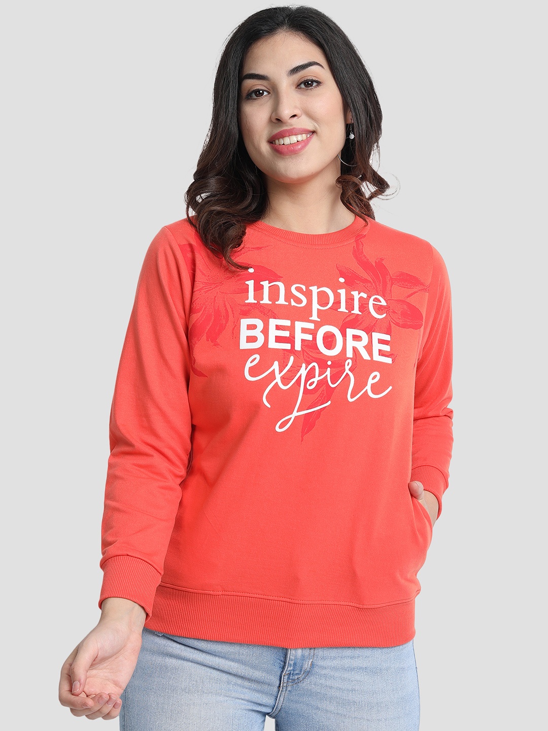 

CHOZI Women Orange Typography Printed Rapid Dry Sweatshirt