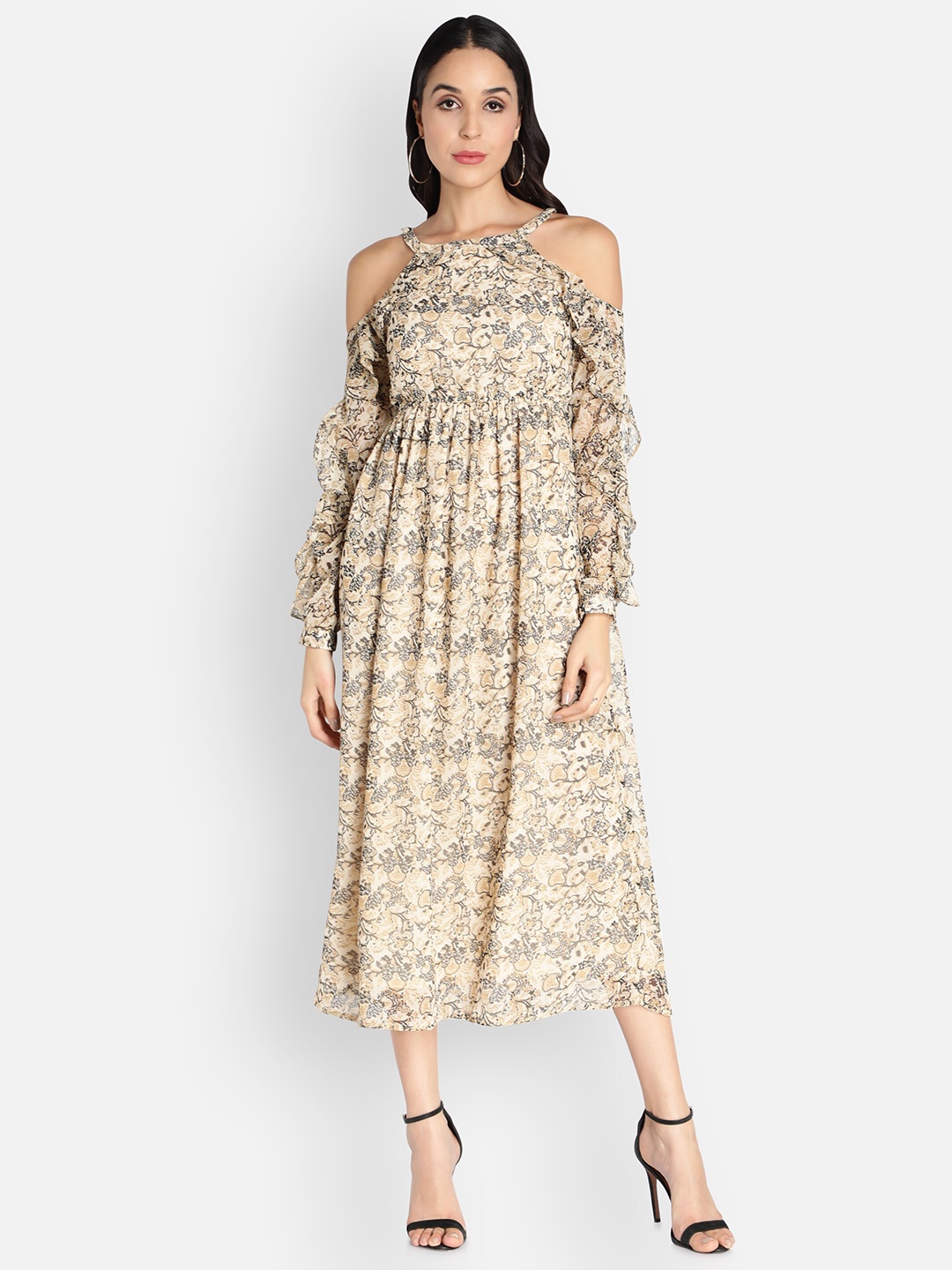 

Sipsew Beige Floral Georgette Maxi Dress