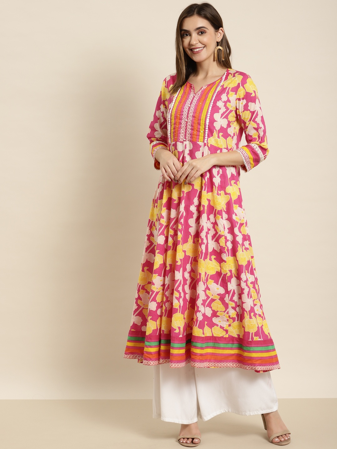 

Rain & Rainbow Women Fuchsia & Yellow Floral Printed Cotton Anarkali Kurta