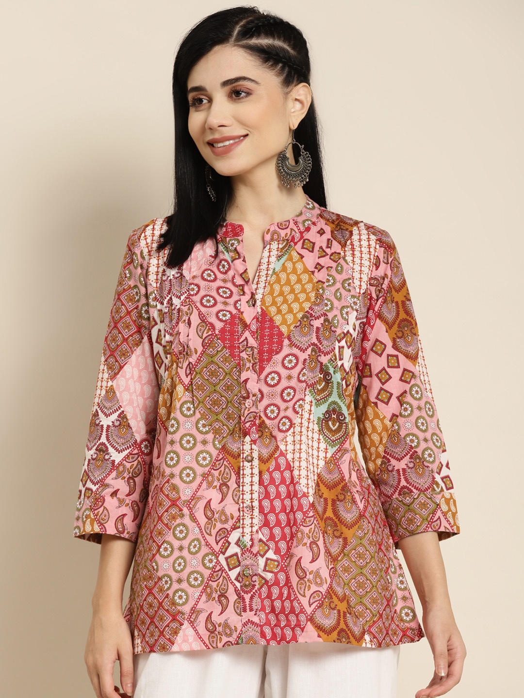 

Rain & Rainbow Peach-Coloured & Yellow Printed Pure Cotton Kurti