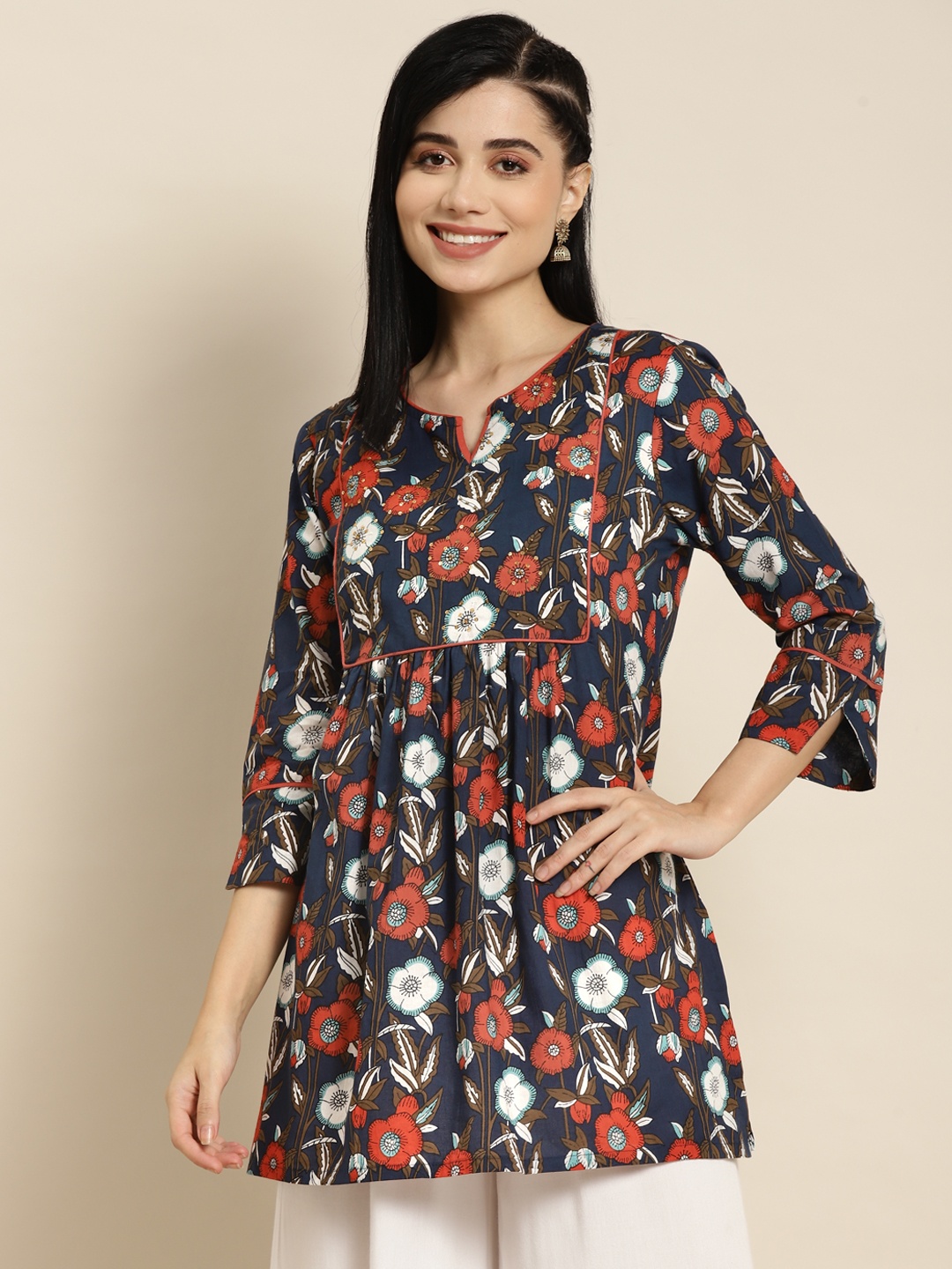 

Rain & Rainbow Navy Blue & Red Floral Printed Sequinned Pure Cotton Sequinned Kurti