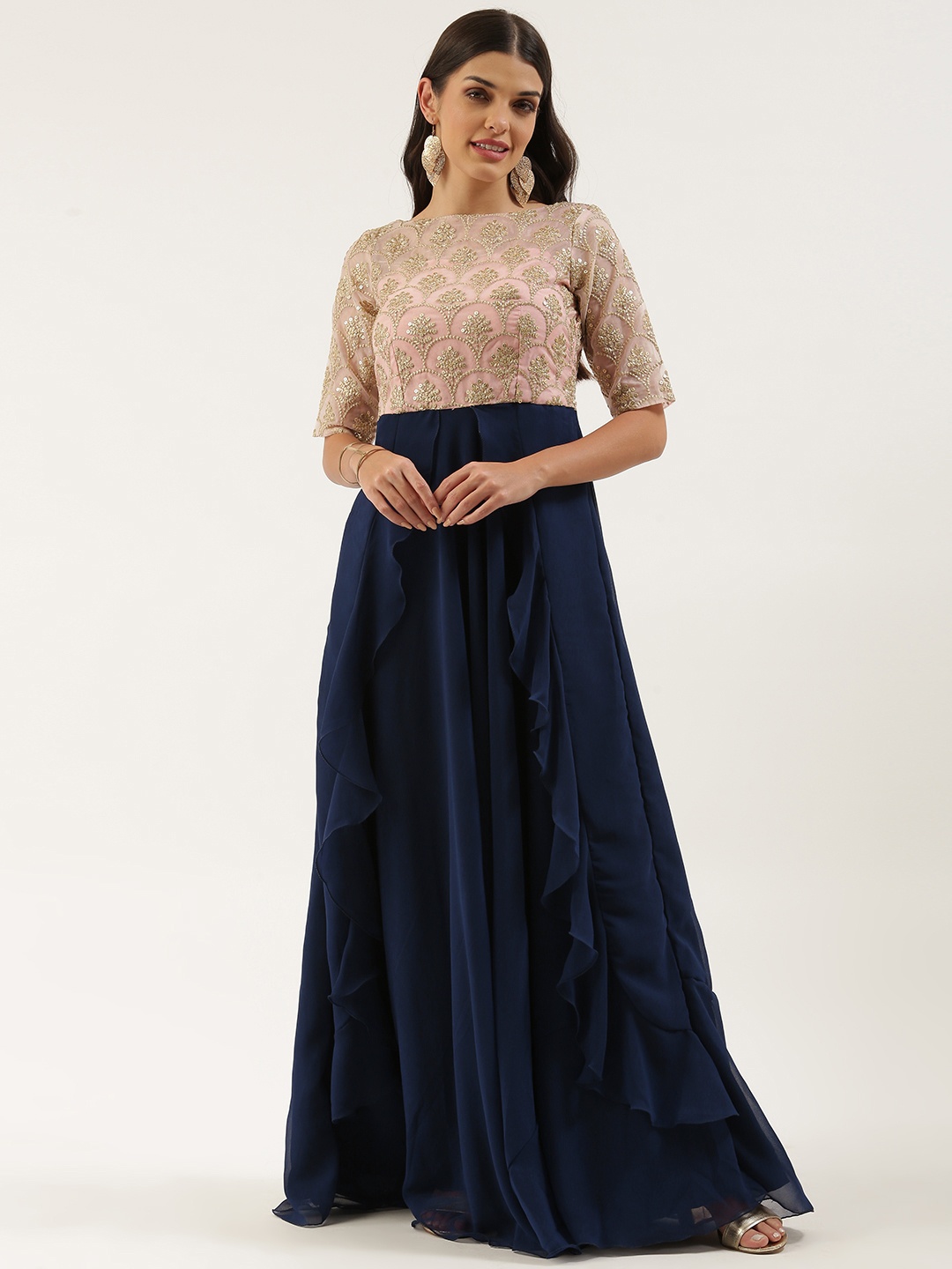 

Ethnovog Navy Blue Ethnic Motifs Georgette Ethnic Maxi Dress