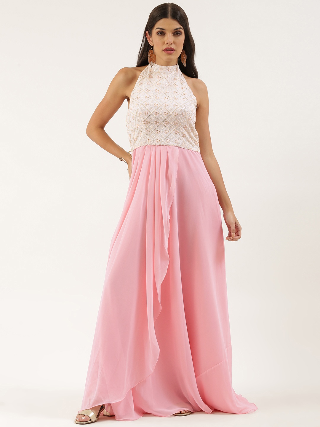 

Ethnovog Pink Off White Ethnic Motifs Embroidered Halter Neck Georgette Ethnic Maxi Dress