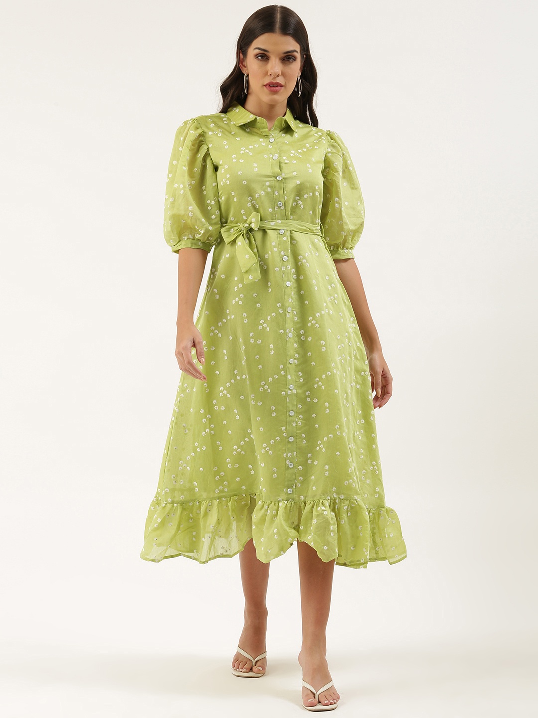 

Ethnovog Green Floral A-Line Midi Dress