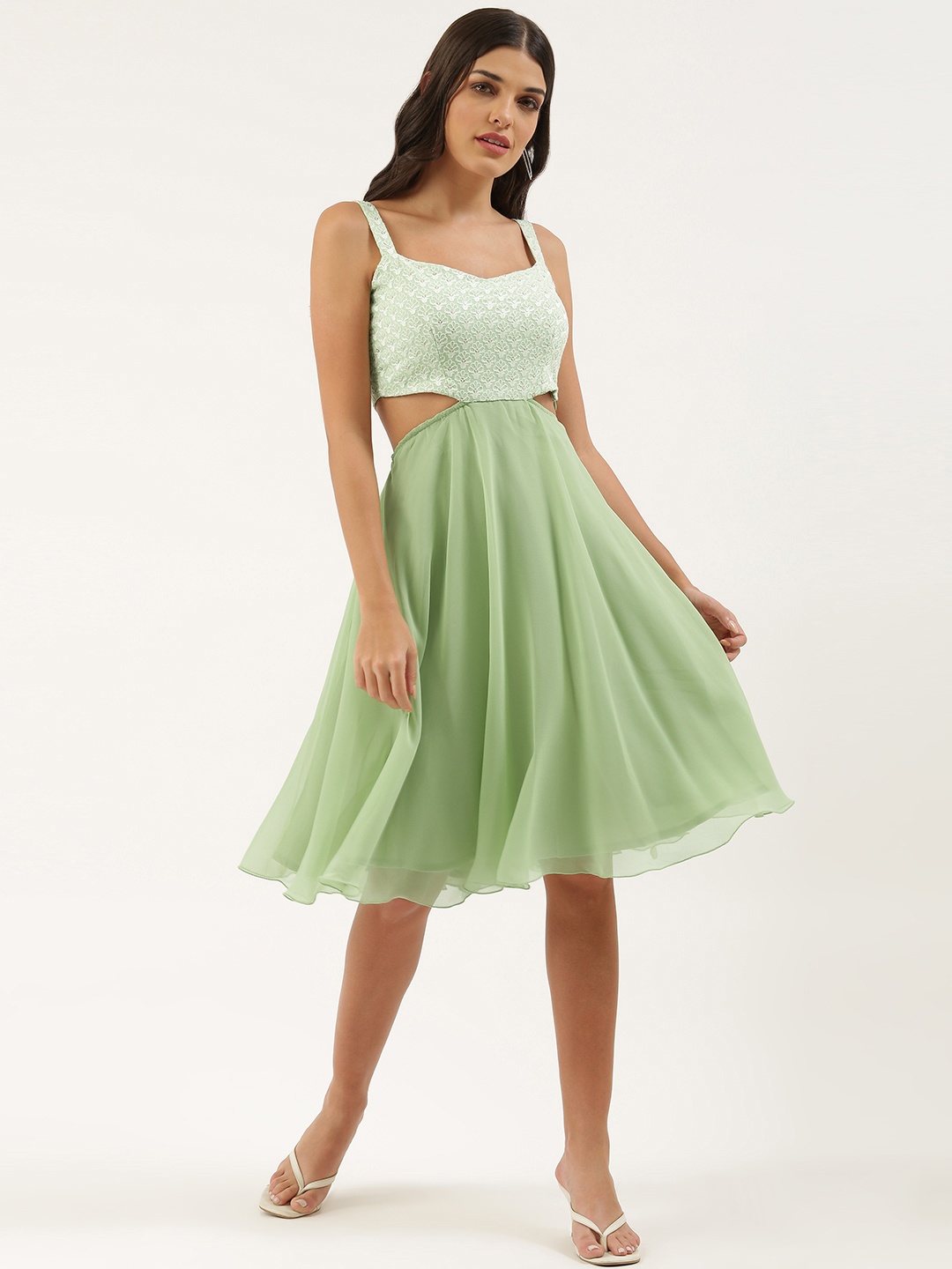 

Ethnovog Green Georgette A-Line Dress