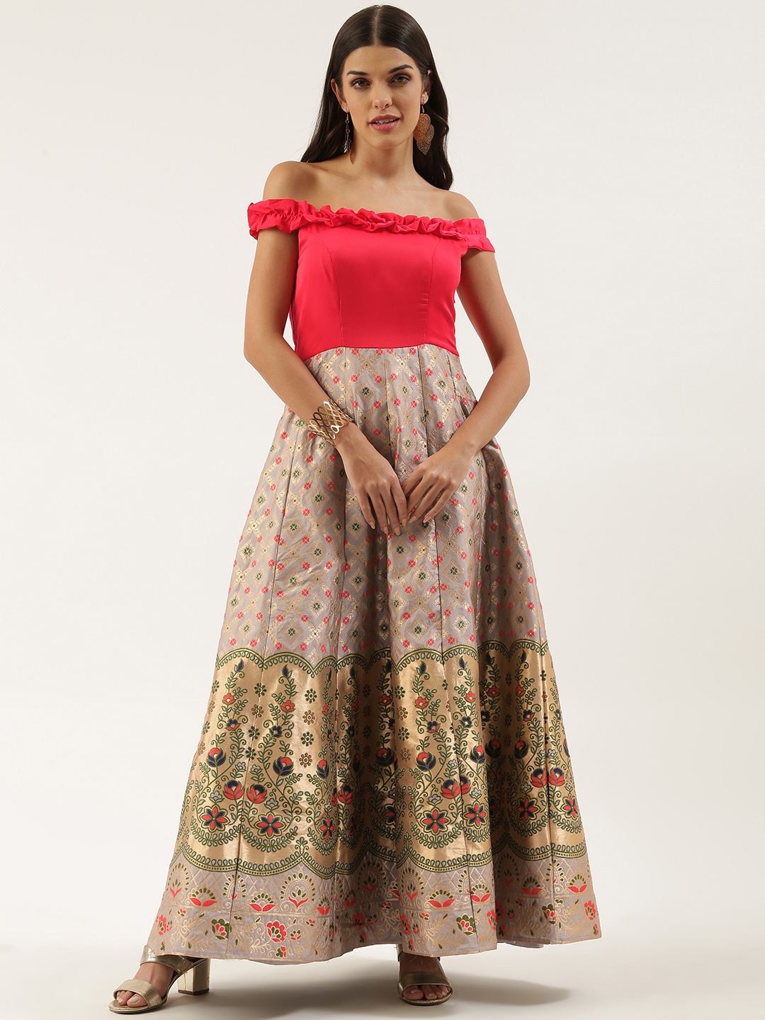

Ethnovog Grey Pink Ethnic Motifs Off-Shoulder Ethnic Maxi Dress