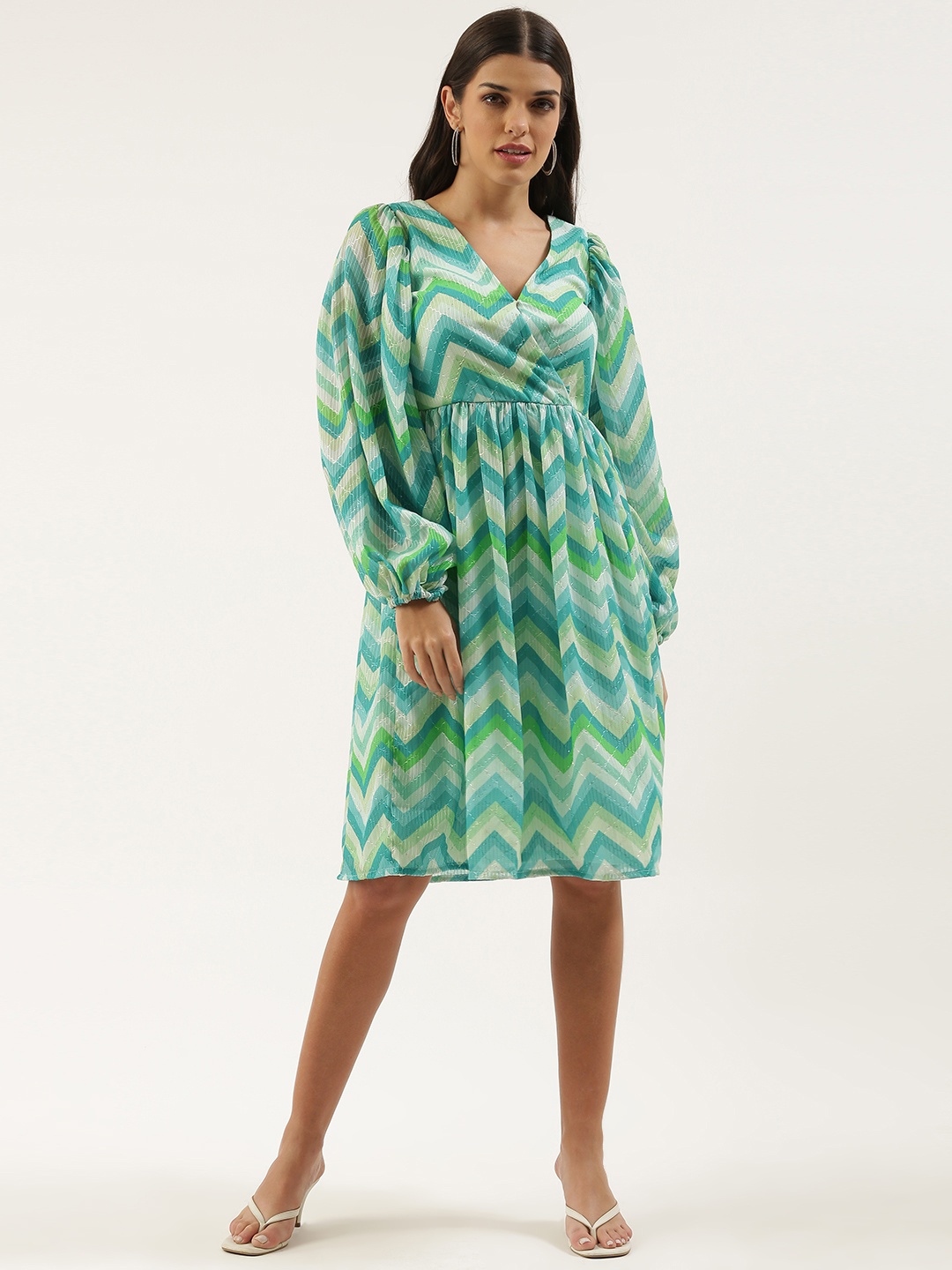 

Ethnovog Green White Chevron Print Sequinned Empire Dress