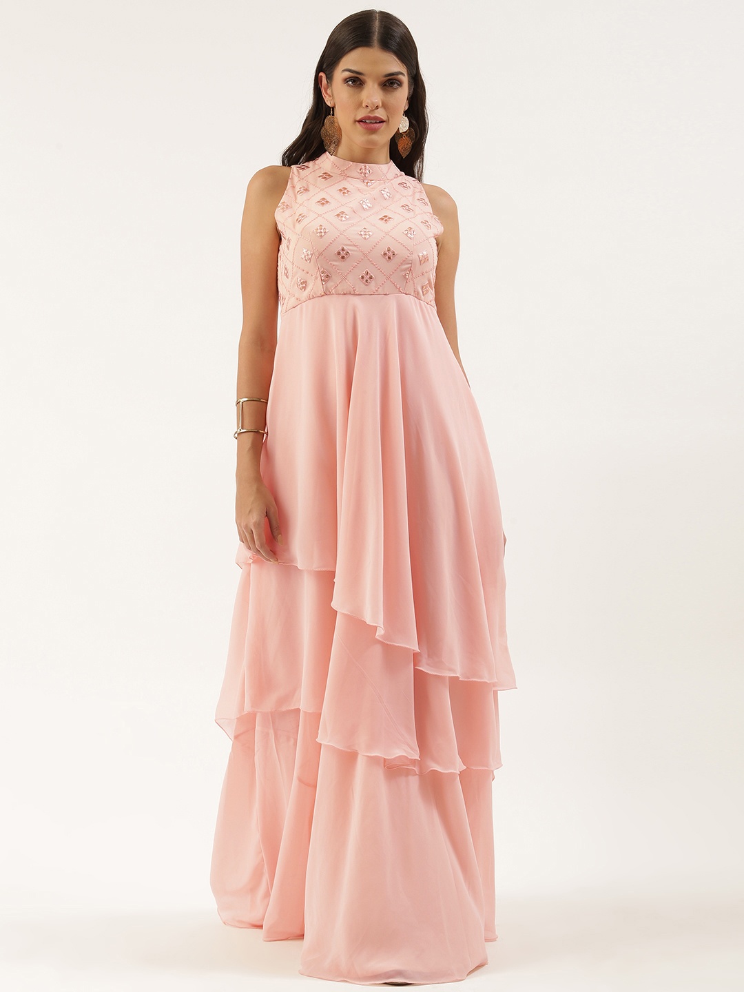 

Ethnovog Peach-Coloured Ethnic Motifs Embroidered Layered Georgette Maxi Dress