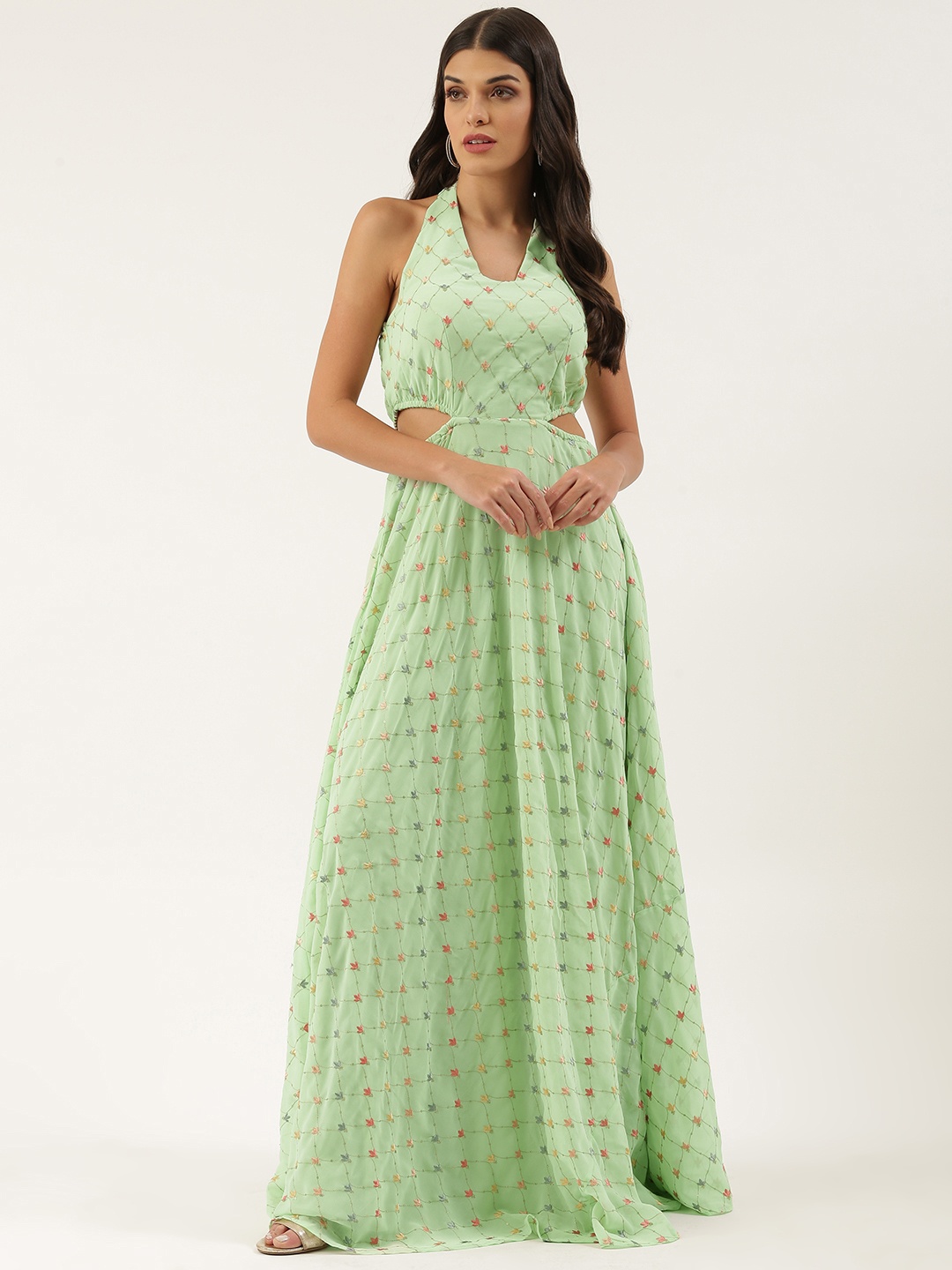 

Ethnovog Green Ethnic Motifs Halter Neck Georgette Maxi Dress