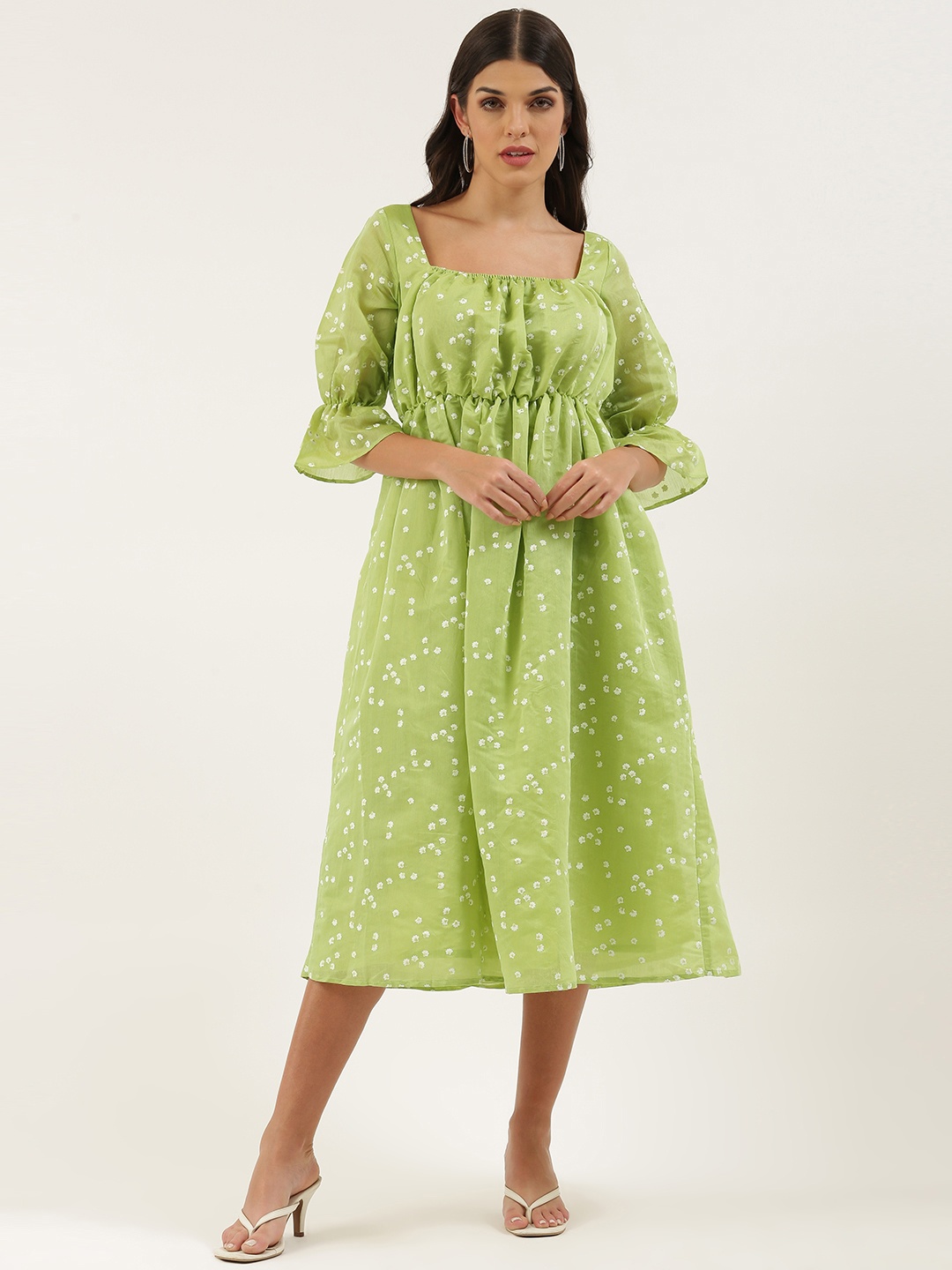 

Ethnovog Green Floral A-Line Midi Dress
