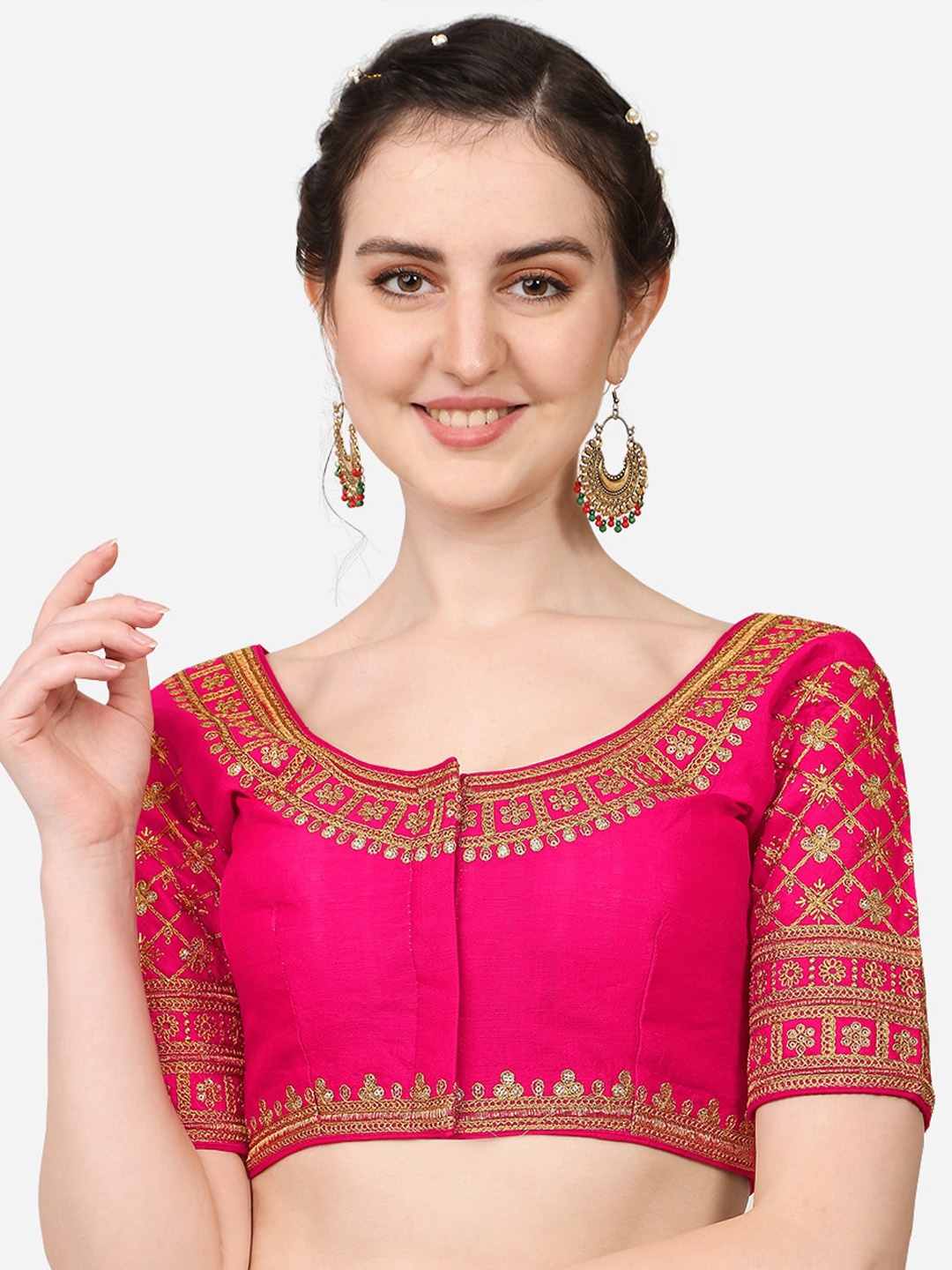 

PUJIA MILLS Pink Embroidered Silk Saree Blouse