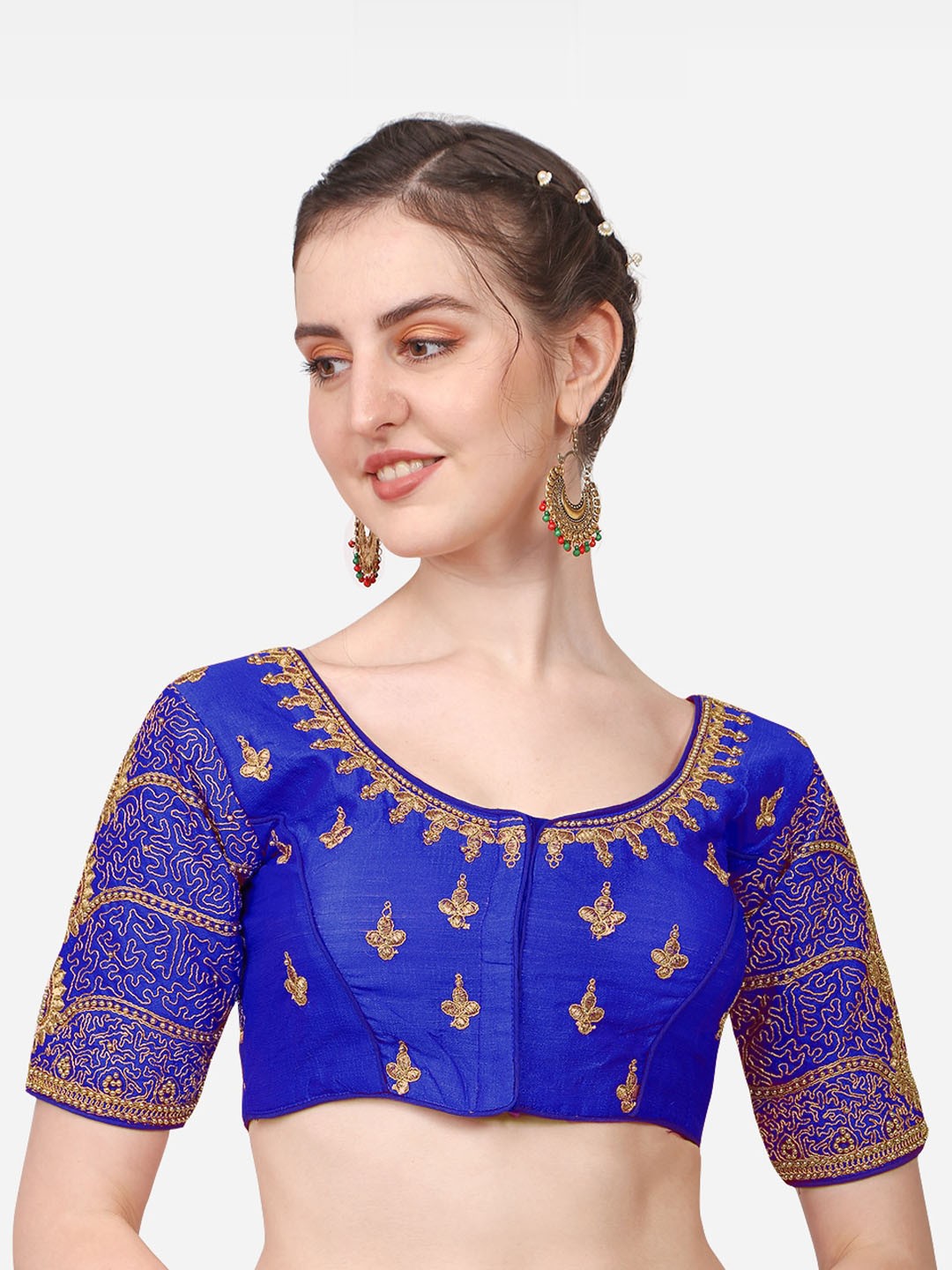 

PUJIA MILLS Women Royal Blue Embroidered Silk Saree Blouse