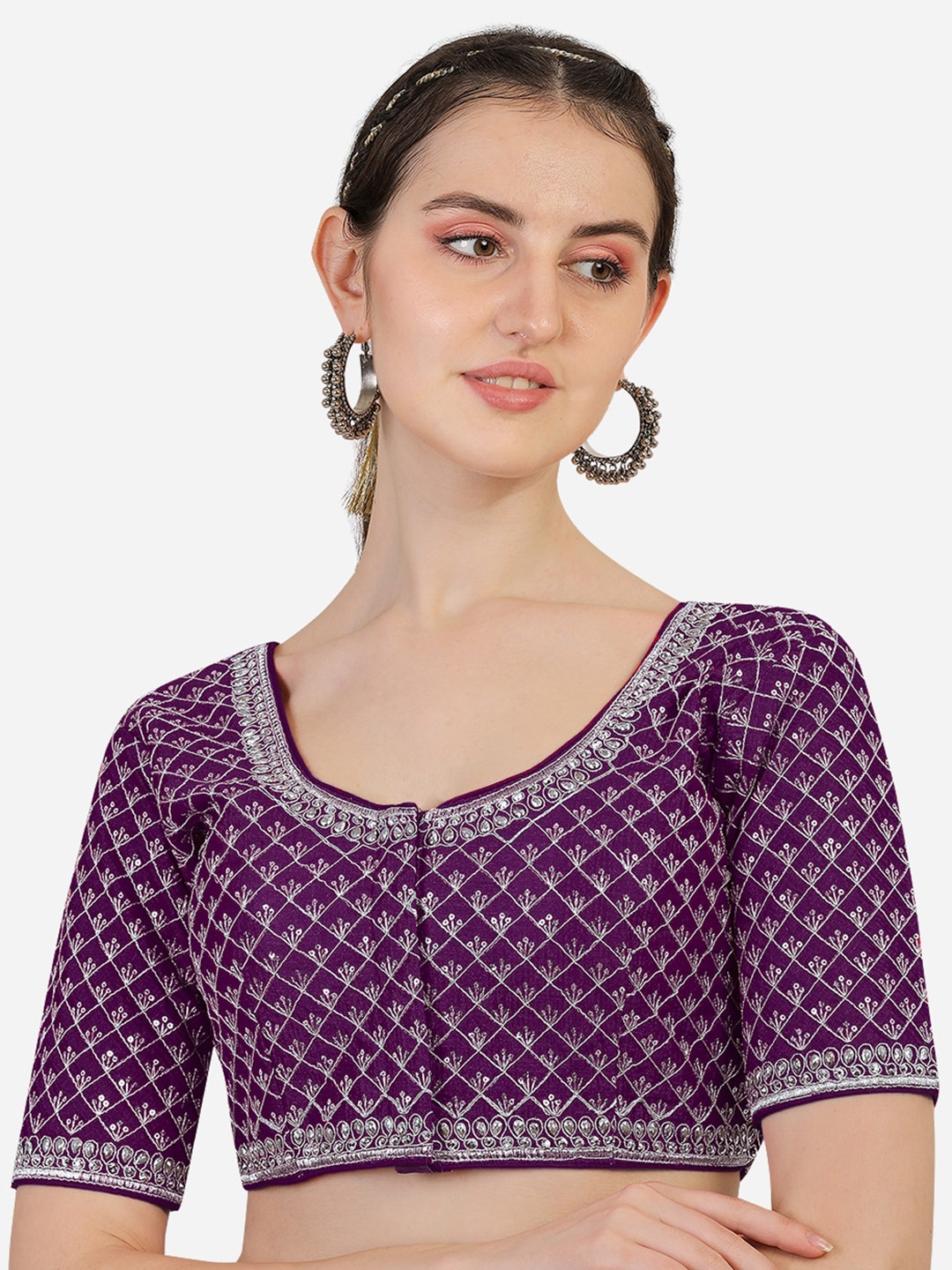 

PUJIA MILLS Violet & Silver-Coloured Embroidered Saree Blouse