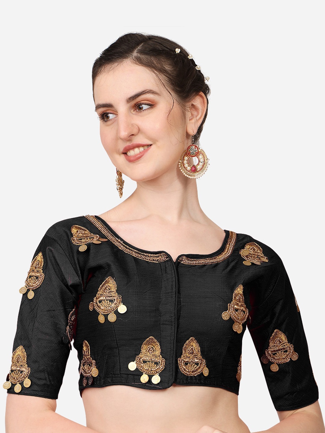 

PUJIA MILLS Women Black Embroiderd Saree Blouse