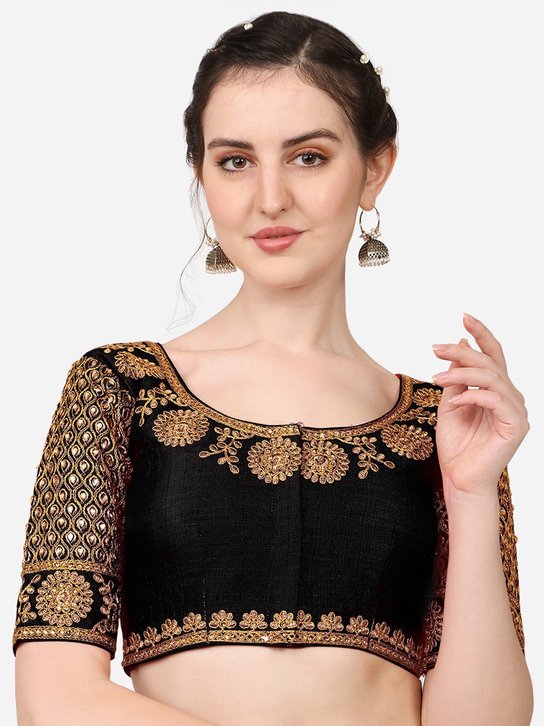 

PUJIA MILLS Black Embroidered Readymade Saree Blouse