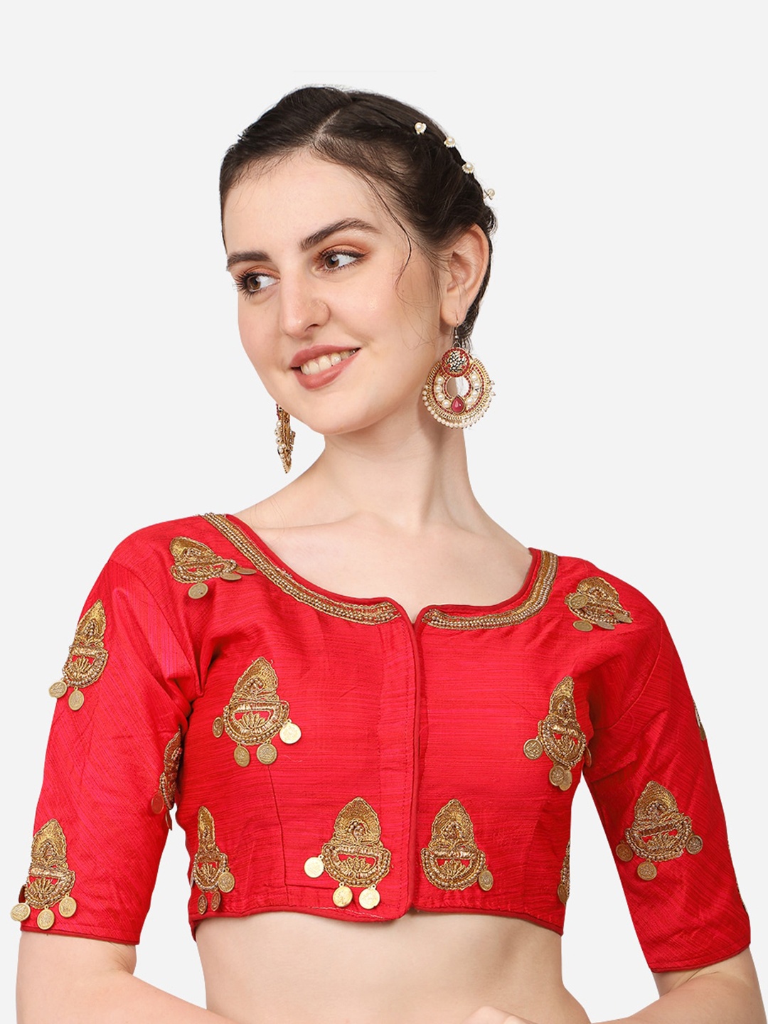 

PUJIA MILLS Red & Gold-Coloured Embroidered Saree Blouse