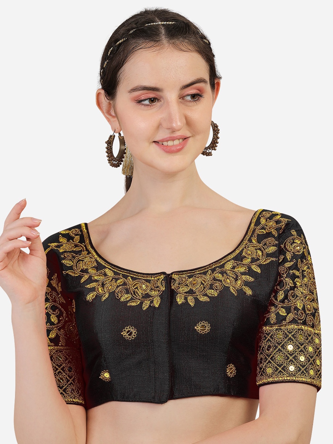 

PUJIA MILLS Black & Gold Embroidered Silk Saree Blouse