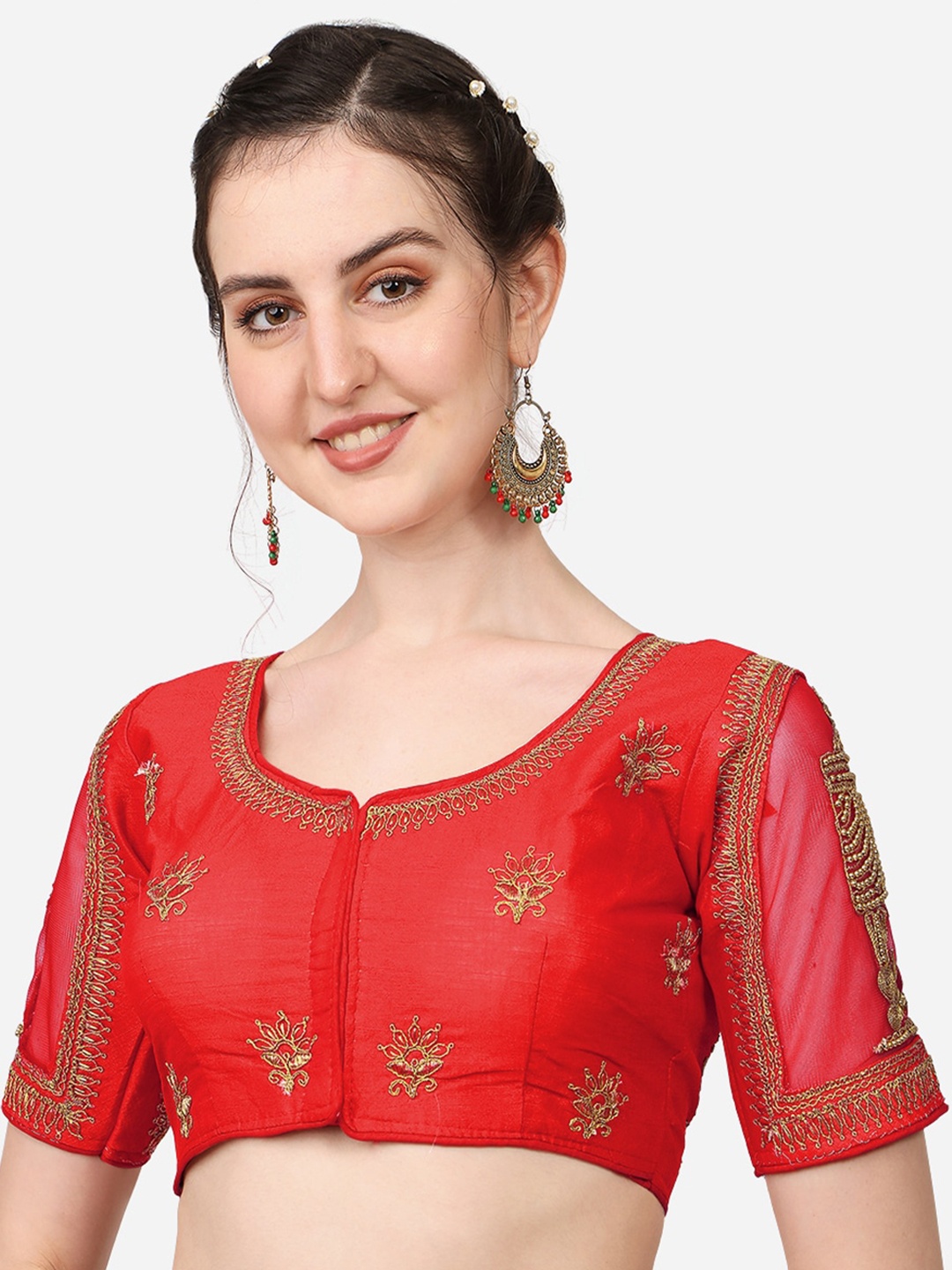 

PUJIA MILLS Red Embroidered Silk Readymade Saree Blouse