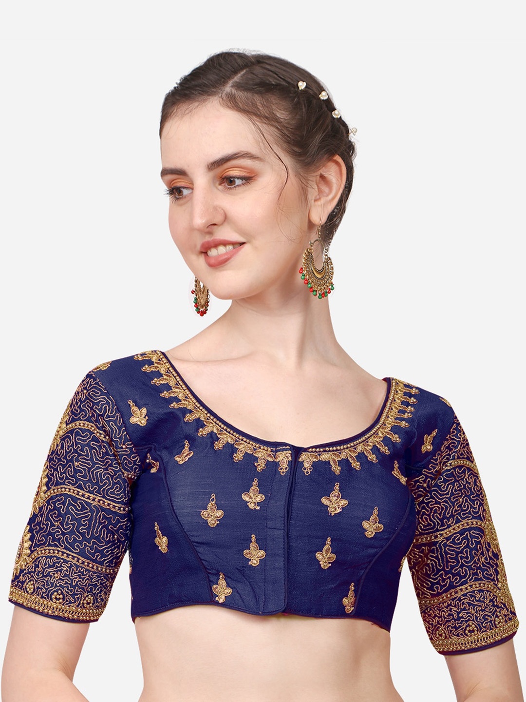 

PUJIA MILLS Women's Navy Heavy Bridal Embroidered Readymade Blouse, Navy blue