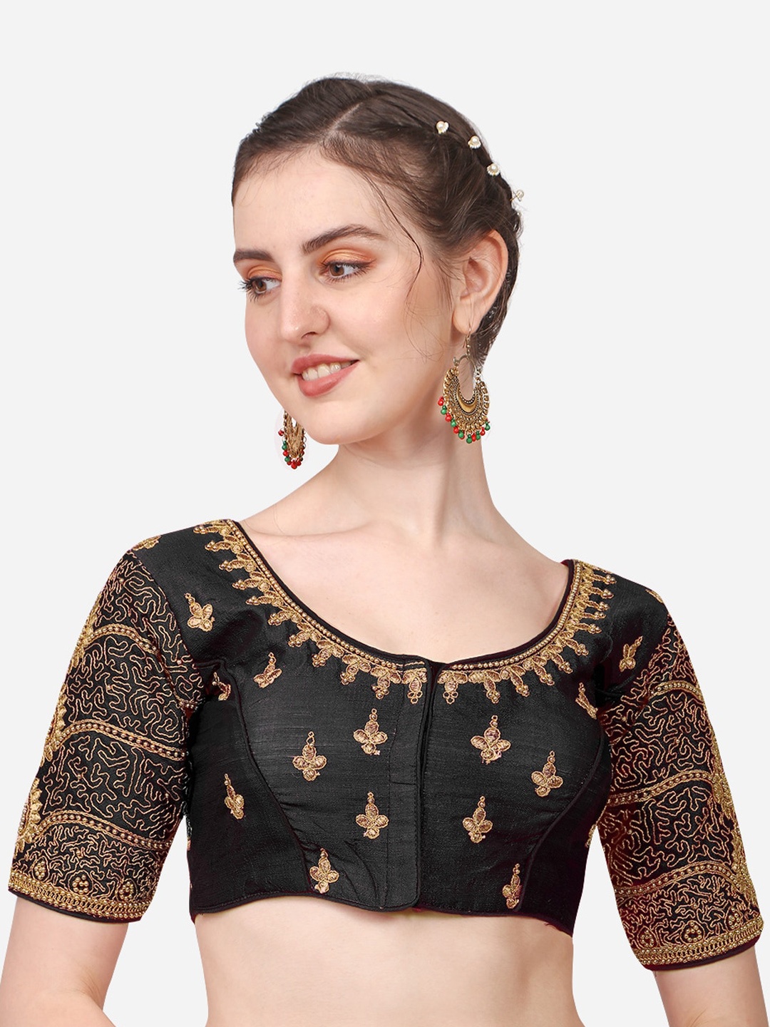 

PUJIA MILLS Women Black Embroidered Bridal Saree Blouse