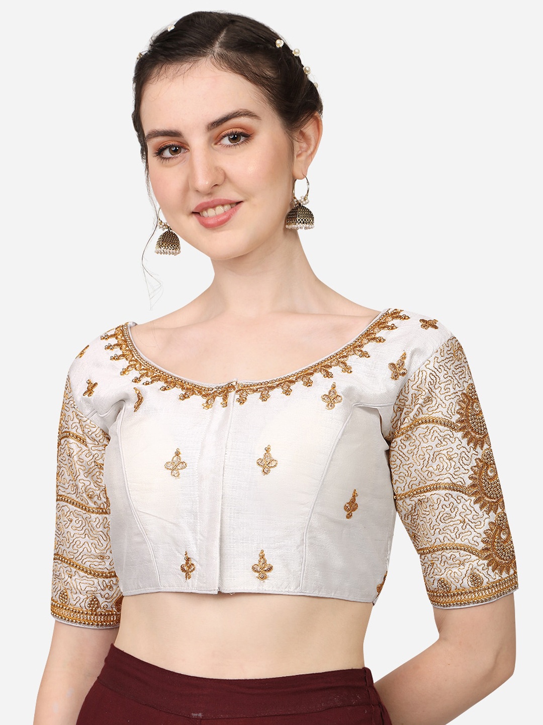 

PUJIA MILLS White & Gold-Coloured Embroidered Saree Blouse