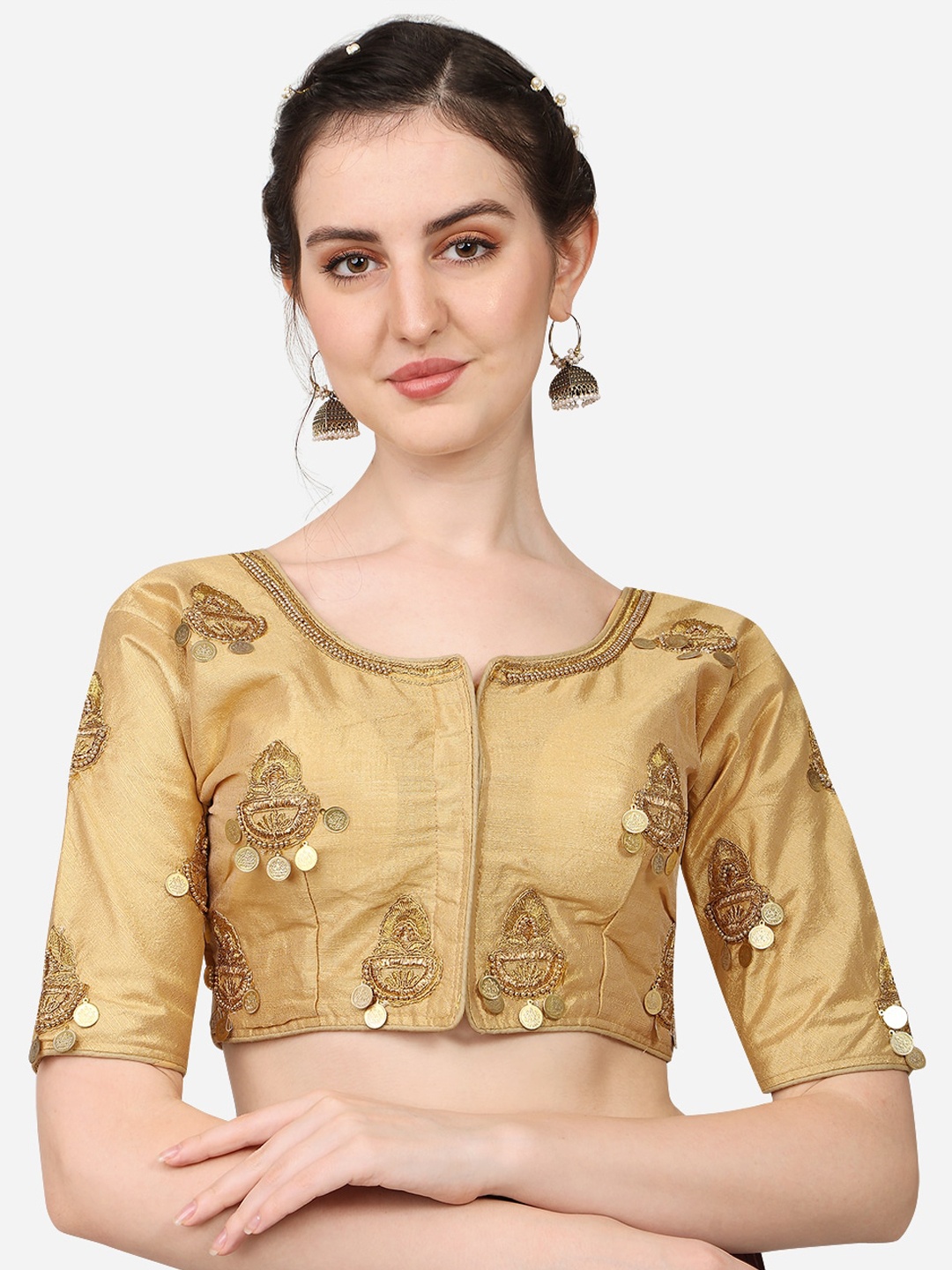 

PUJIA MILLS Gold-Toned Embroidered Padded Saree Blouse