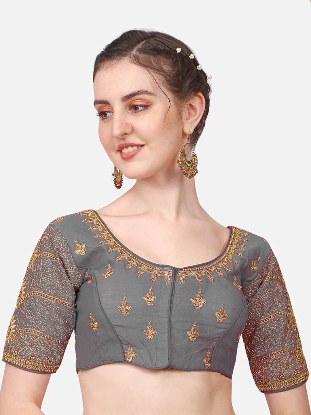 

PUJIA MILLS Grey & Gold-Coloured Embroidered Beaded Saree Blouse