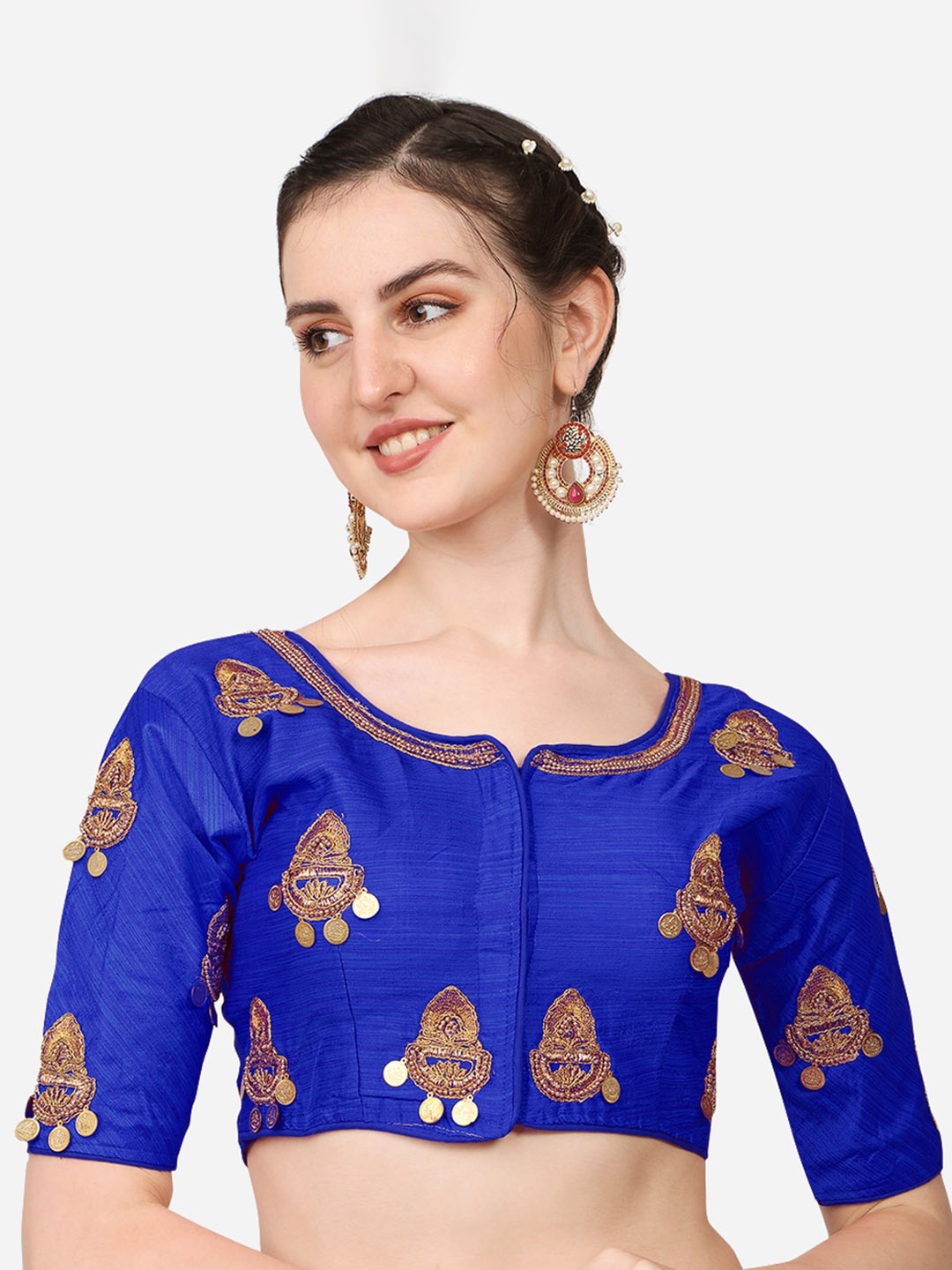 

PUJIA MILLS Blue Embroidered Padded Saree Blouse