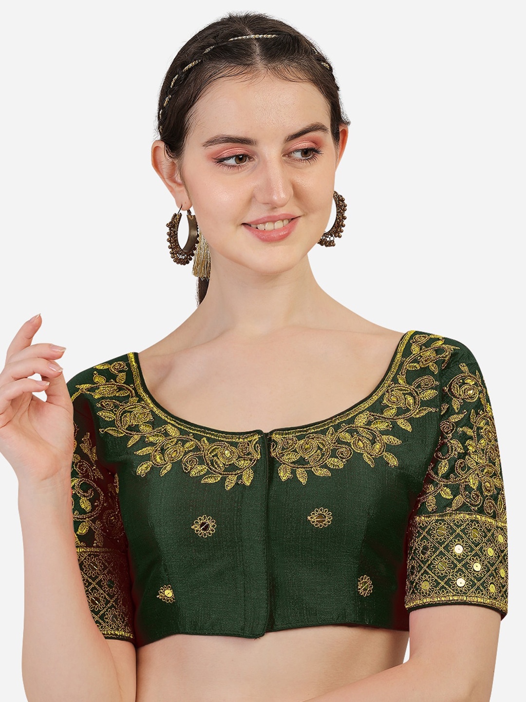 

PUJIA MILLS Women Green & Gold-Tone Embroidered Saree Blouse