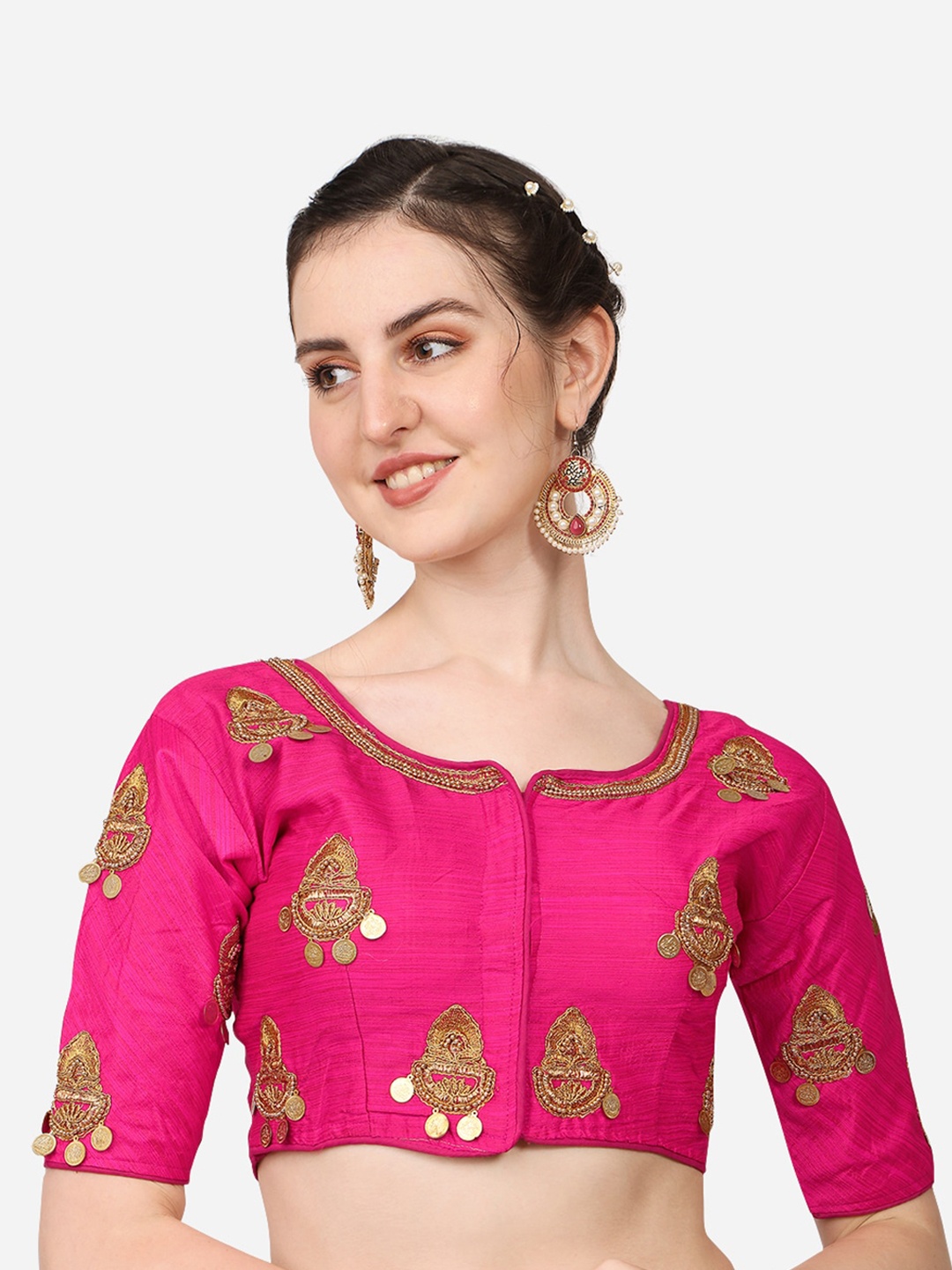 

PUJIA MILLS Pink Embroidered Silk Saree Blouse