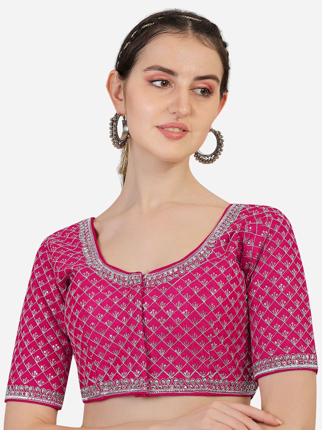 

PUJIA MILLS Women Pink & Sliver-Toned Embroidered Saree Blouse