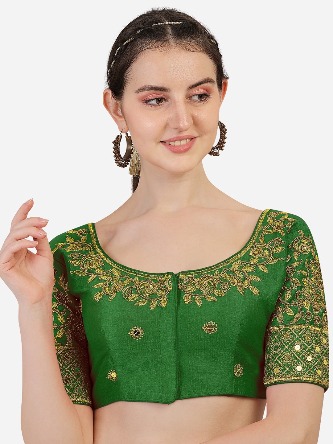 

PUJIA MILLS Green & Gold-Toned Embroidered Silk Readymade Saree Blouse