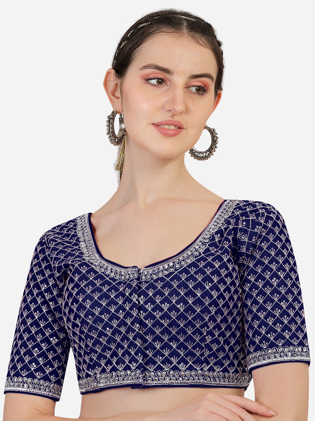 

PUJIA MILLS Navy Blue Embroiderd Sequinned Saree Blouse