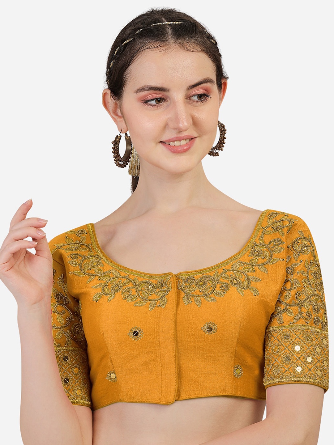 

PUJIA MILLS Yellow & Gold-Coloured Embroidered Saree Blouse