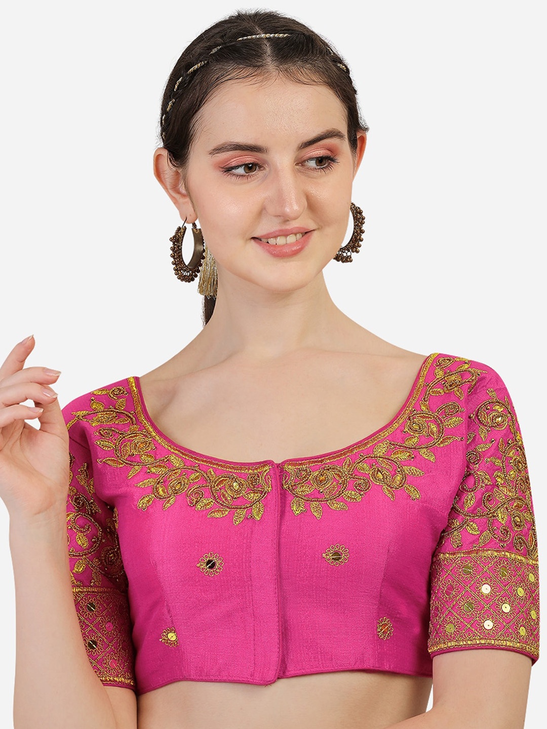 

PUJIA MILLS Pink Embroidered Silk Saree Blouse