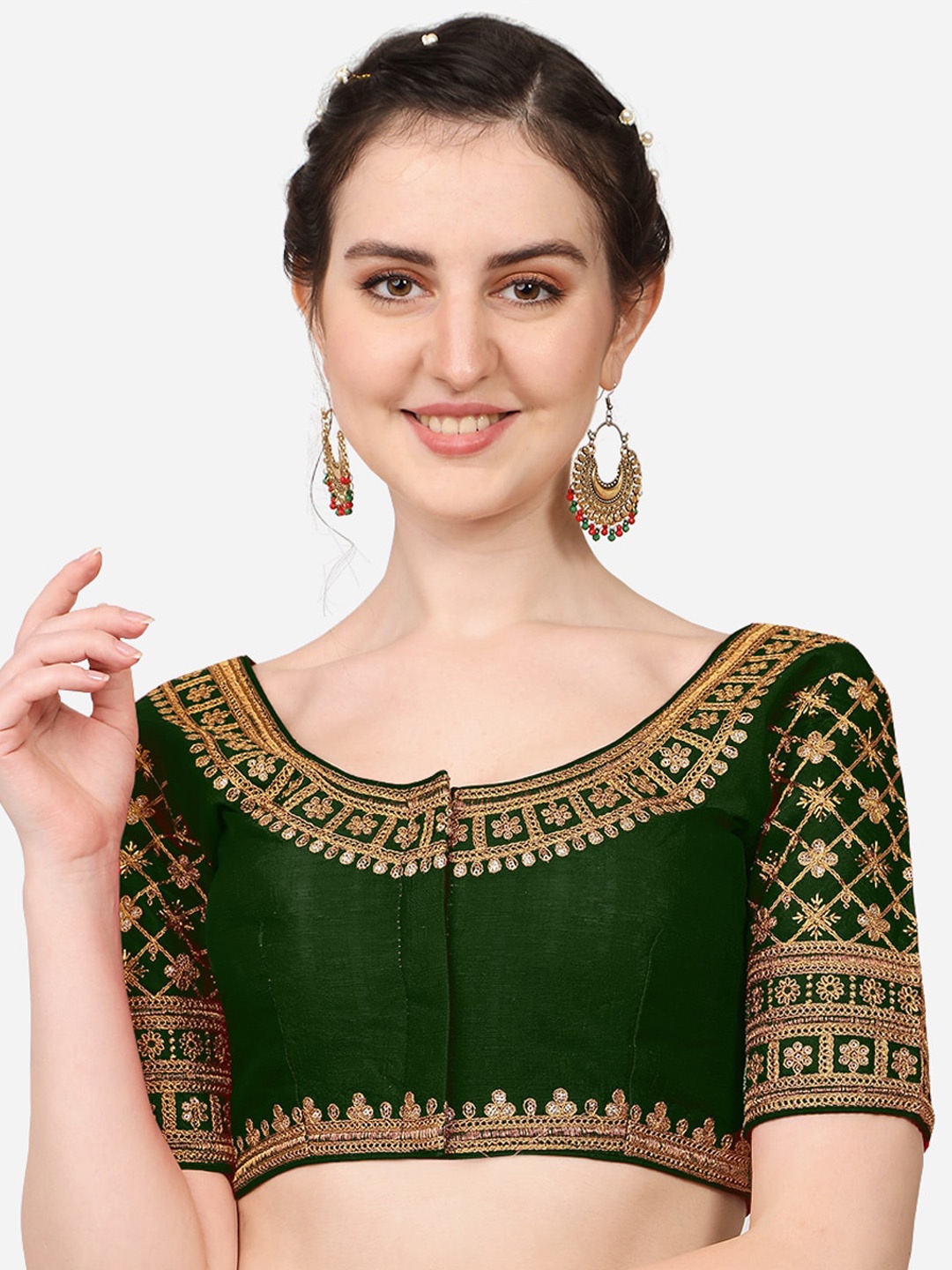 

PUJIA MILLS Green Embroidered Silk Readymade Saree Blouse