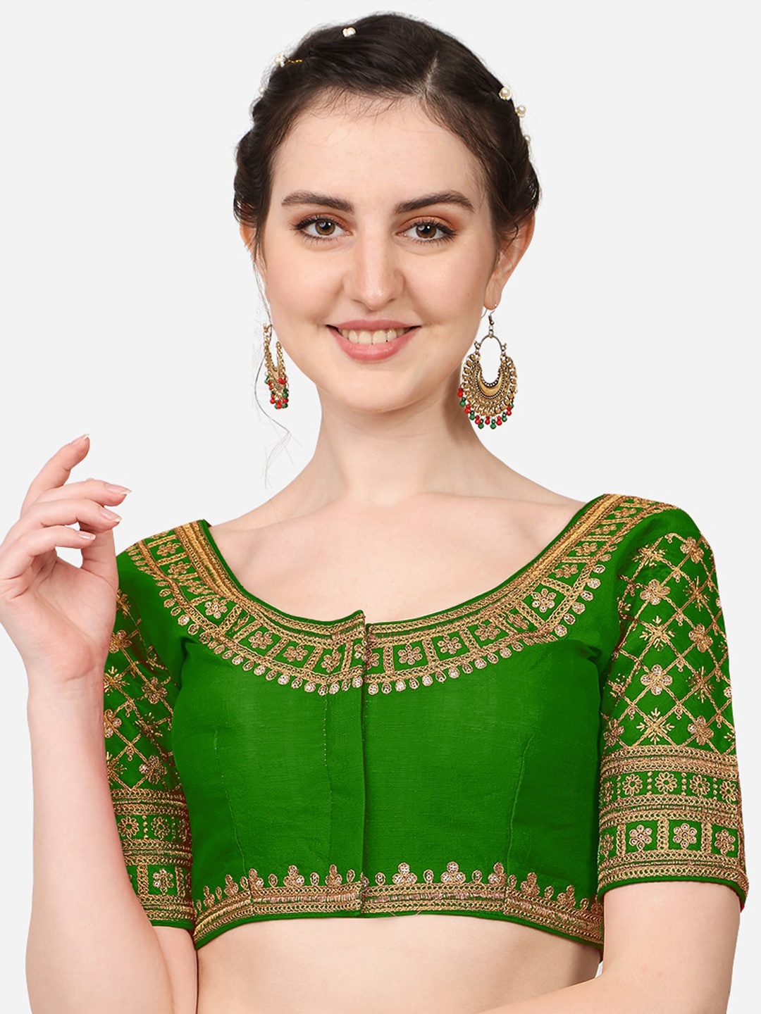 

PUJIA MILLS Green Embroidered Silk Saree Blouse