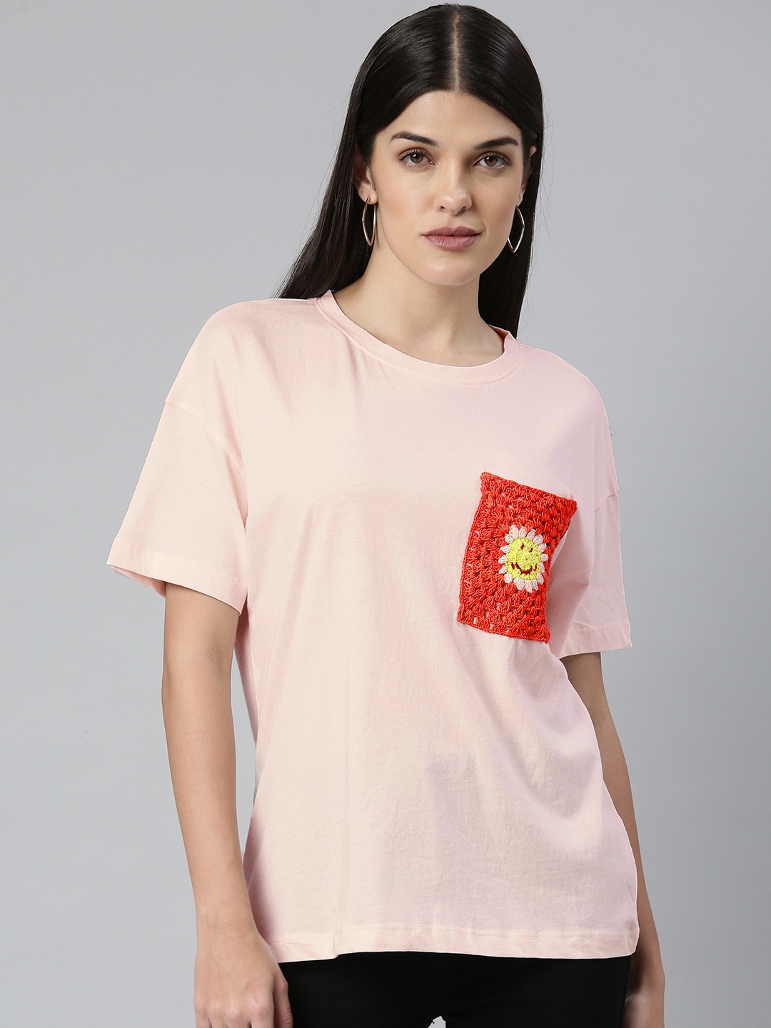 

ANI Women Pink & Red Solid Pure Cotton Loose T-shirt