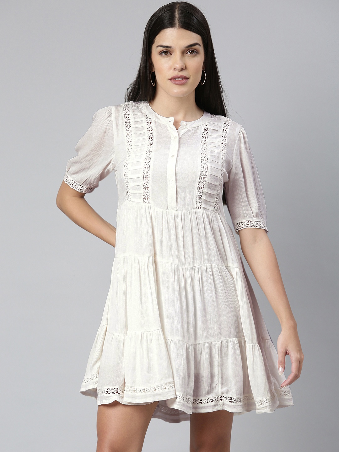 

EVERYDAY by ANI White Solid Lace Inserts A-Line Dress