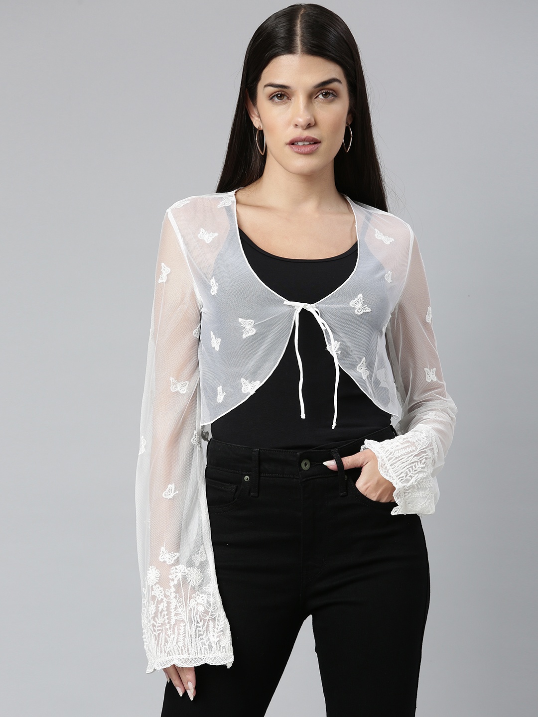 

ANI Women White Embroidered Crop Tie-Up Shrug