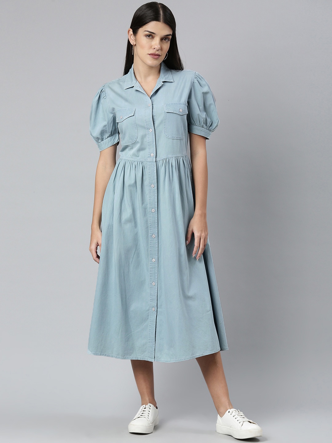 

ANI Blue Solid Cotton Denim Shirt Midi Dress