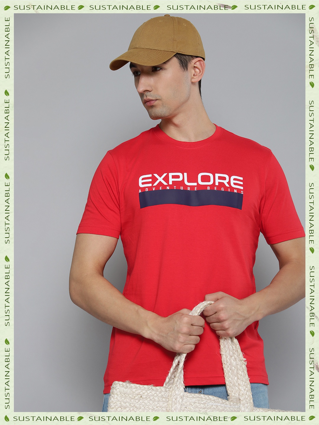 

HERE&NOW Men Red & White Typography Printed Pure Cotton T-shirt