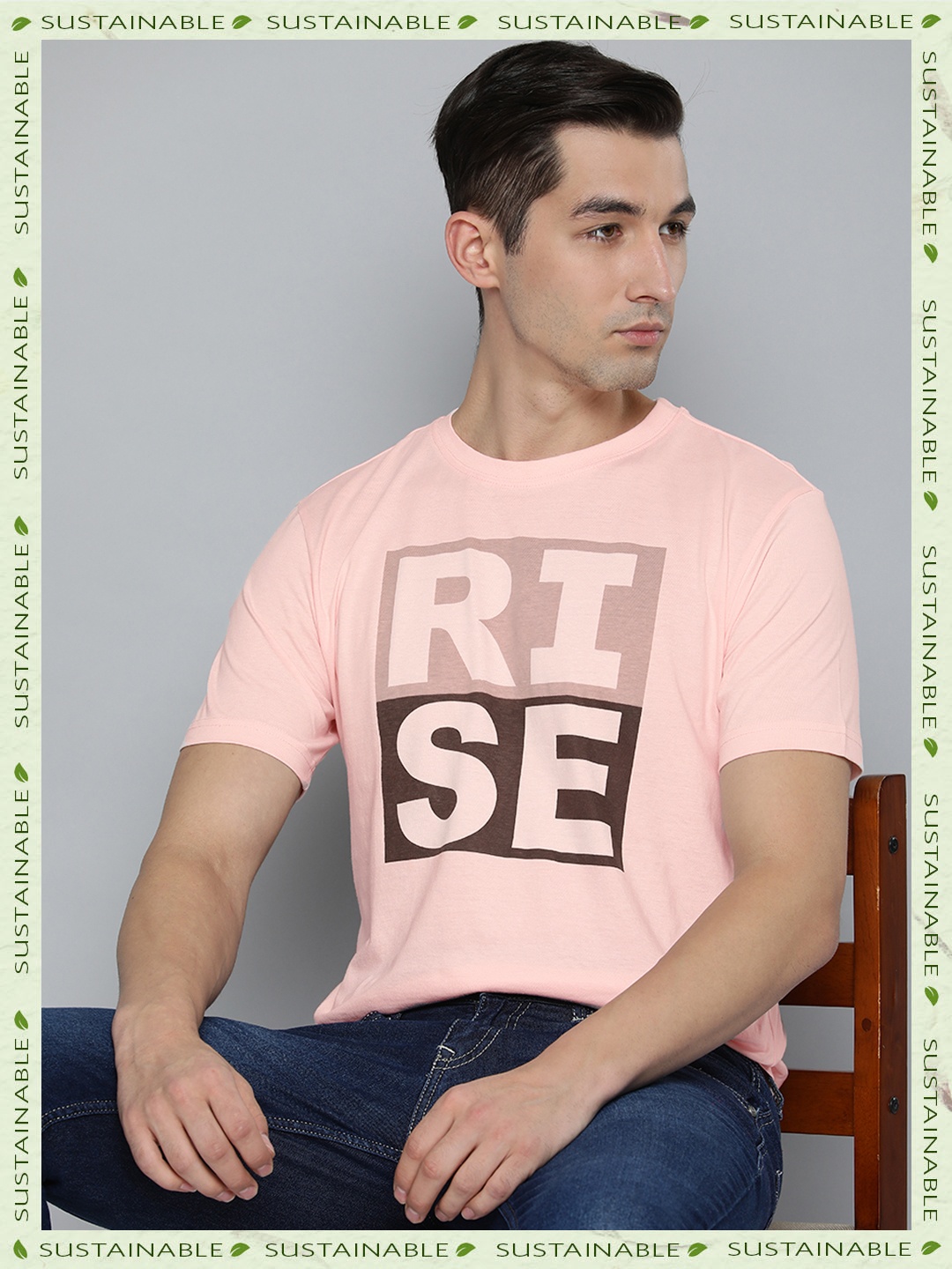 

HERE&NOW Men Pink & Black Typography Printed Pure Cotton T-shirt