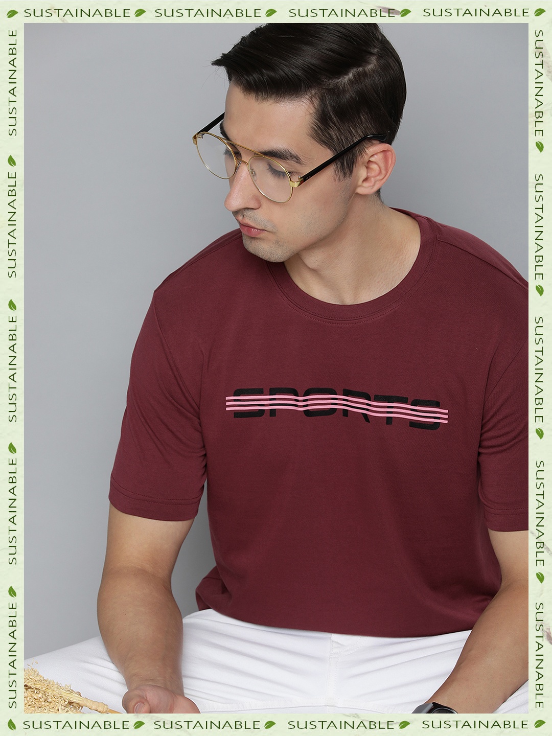 

HERE&NOW Men Maroon & Black Typography Printed Pure Cotton T-shirt