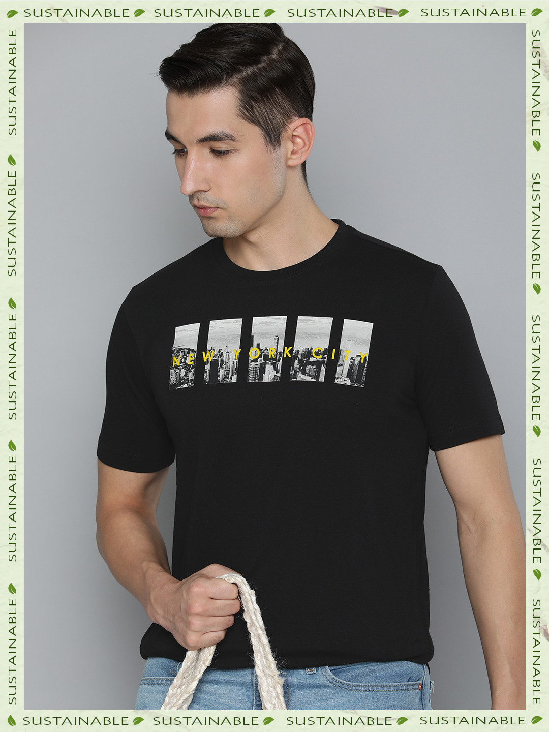 

HERE&NOW Men Black & Grey Printed Pure Cotton T-shirt