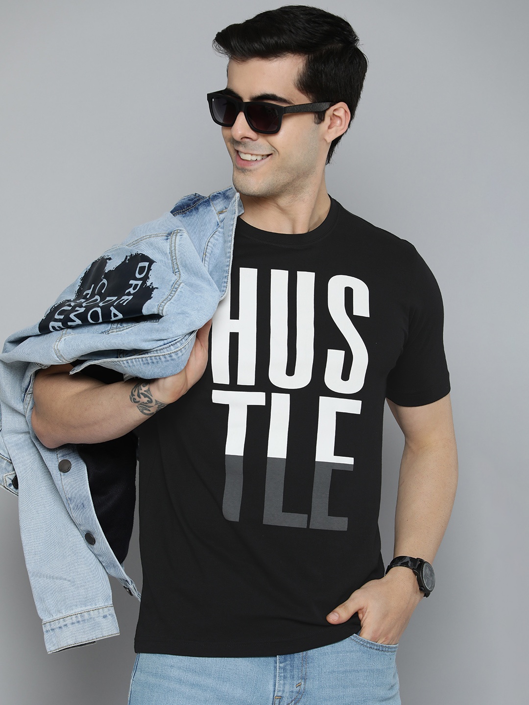 

HERE&NOW Men Black & White Typography Printed Pure Cotton T-shirt
