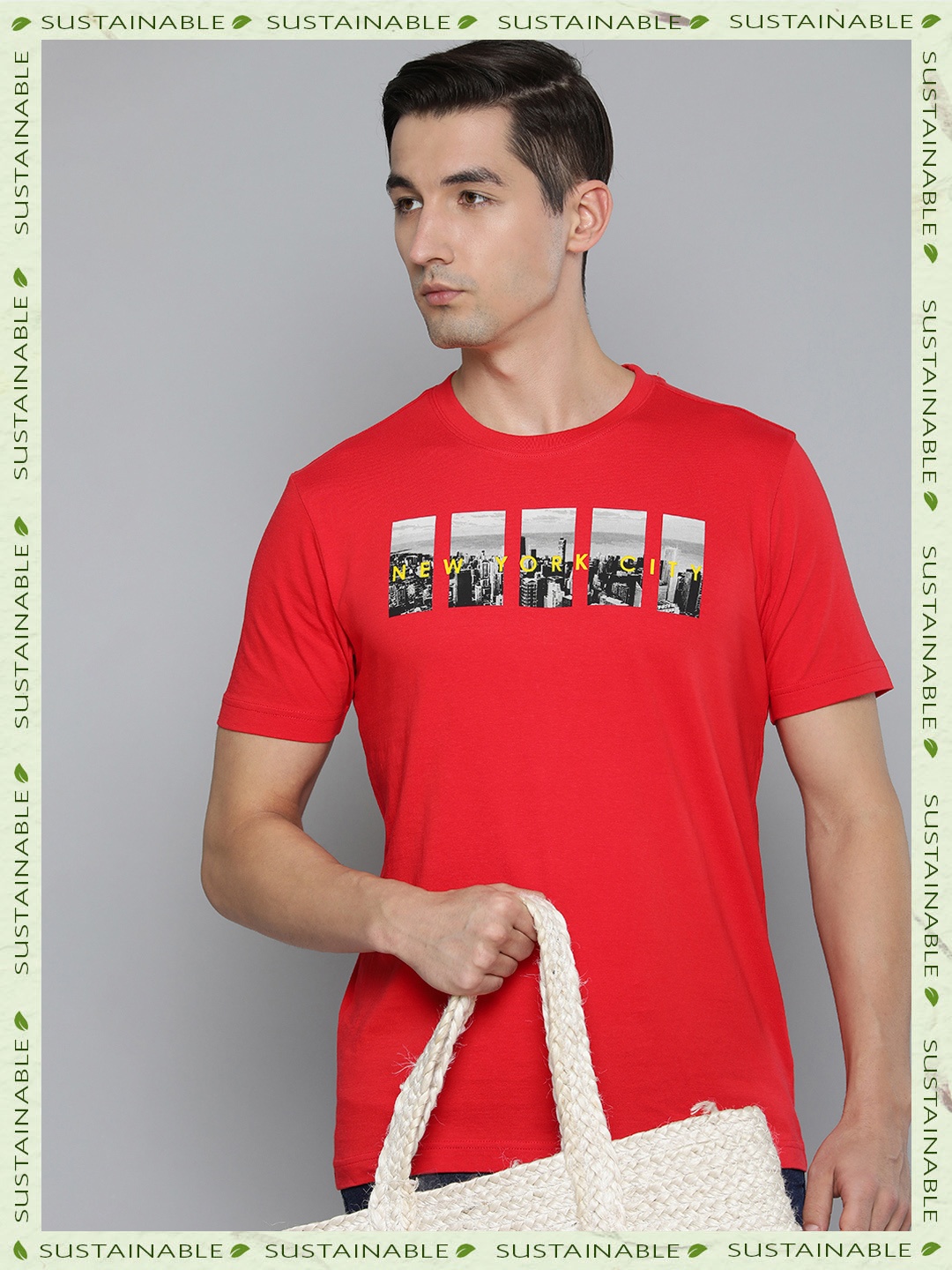 

HERE&NOW Men Red & Grey Printed Pure Cotton T-shirt