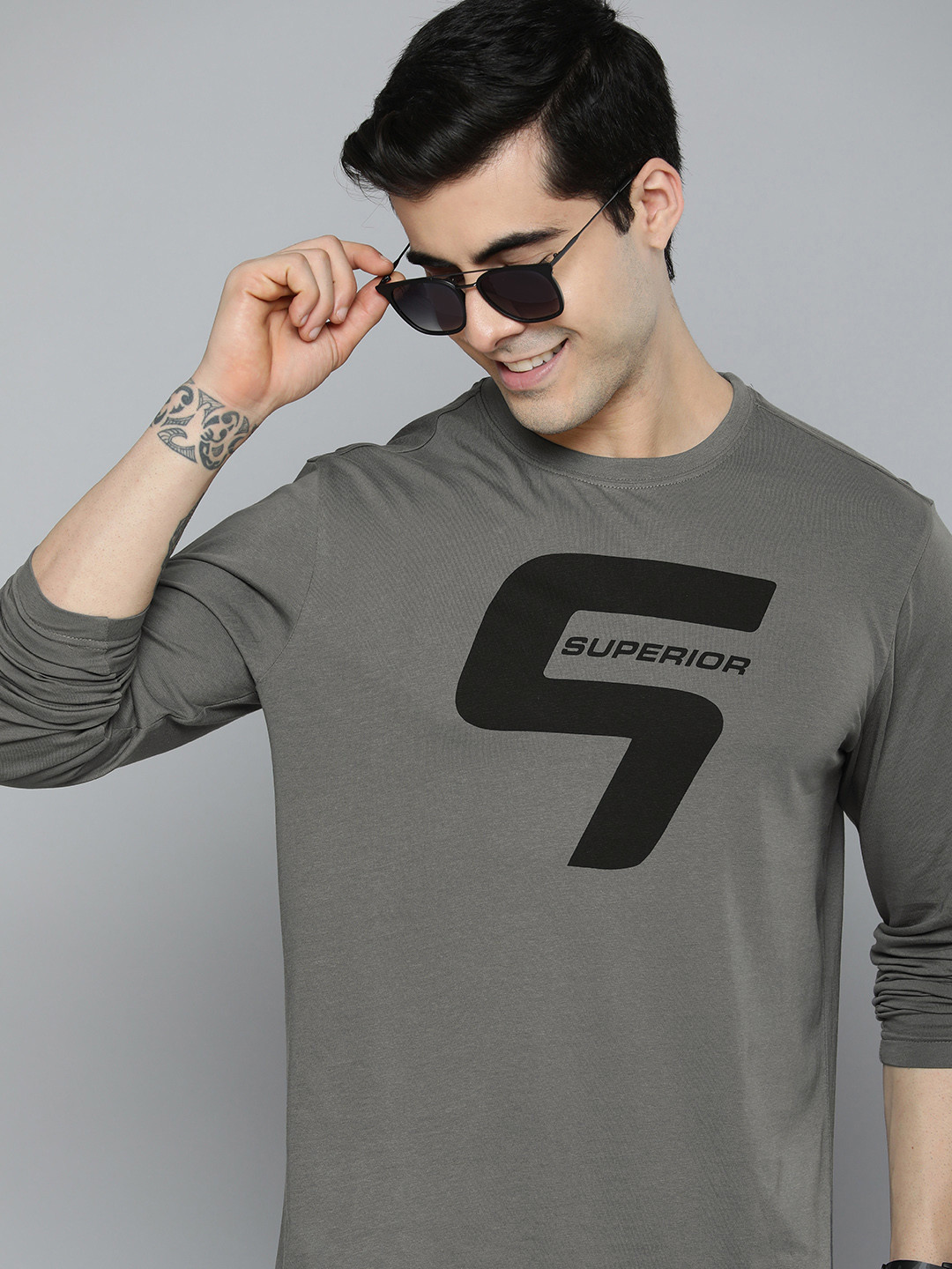 

HERE&NOW Men Grey & Black Typography Printed Pure Cotton T-shirt