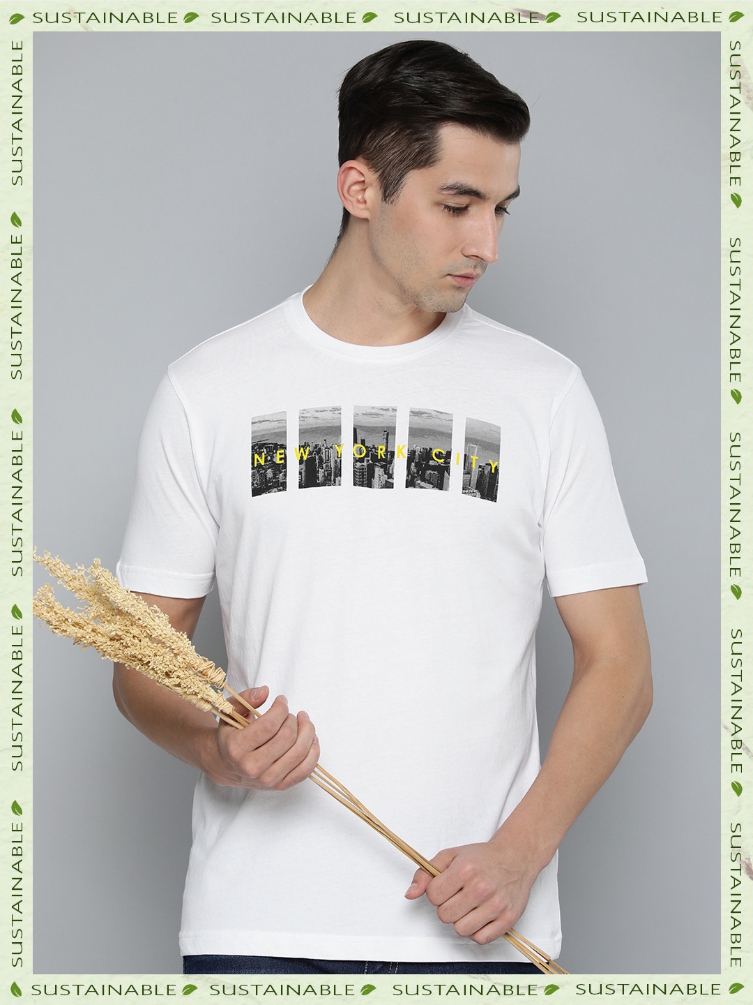 

HERE&NOW Men White & Black Printed Pure Cotton T-shirt